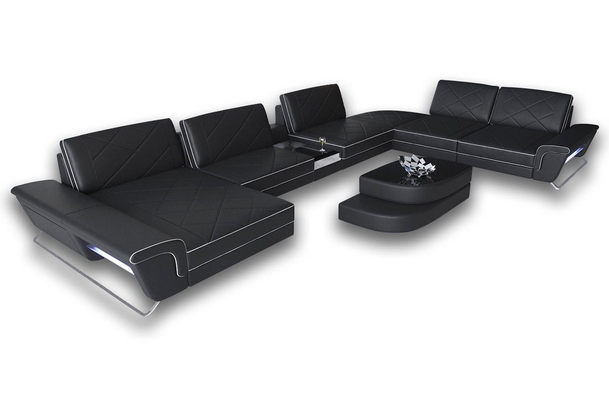 Hellgrau-Weiss Stoff Couch Form XXL Bari Wohnlandschaft Polster Designersofa Sofa Sofa LED, Dreams USB_Anschluss, Polstersofa, U C76 Stauraum, mit