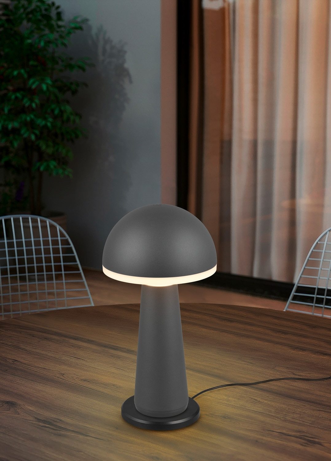 Reality Leuchten LED Tischleuchte FUNGO, H 31 cm, Schwarz, Kunststoff, Metall, Anpassung der Farbtemperatur, Dimmfunktion, LED fest integriert, Extra-Warmweiß, Neutralweiß, Tageslichtweiß, Akkubetrieben, IP54 Outdoorgeeignet, inkl. Ladestation