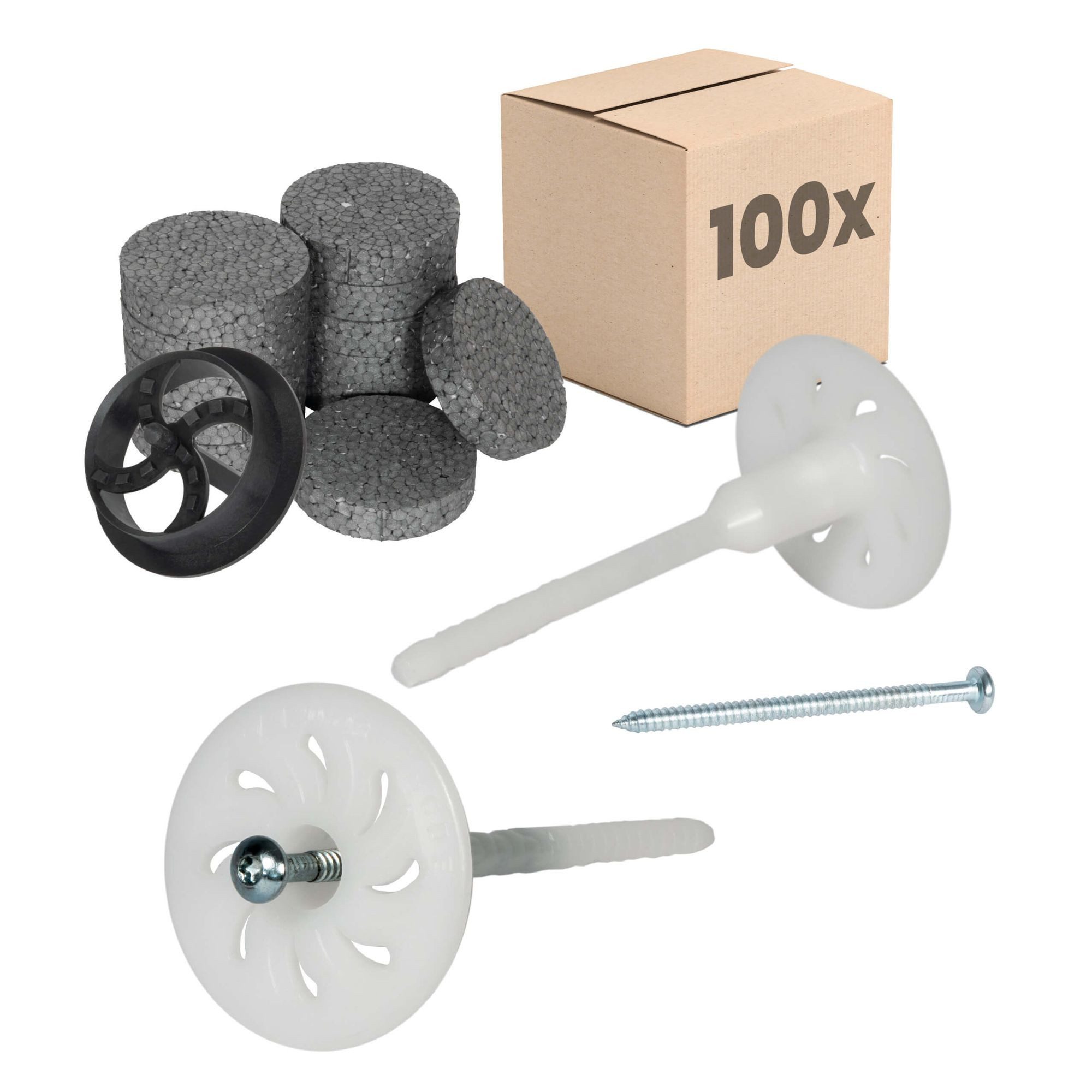 PROTEKTOR Schrauben- und Dübel-Set Dämmstoff-Schraubdübel Ø8mm mit verzinkter Stahlschraube, vormontiert, (100x Dämmstoff-Schraubdübel Set Ø8x120mm, 300 St., (inkl. 200x Rondelle + 1 Fräser)