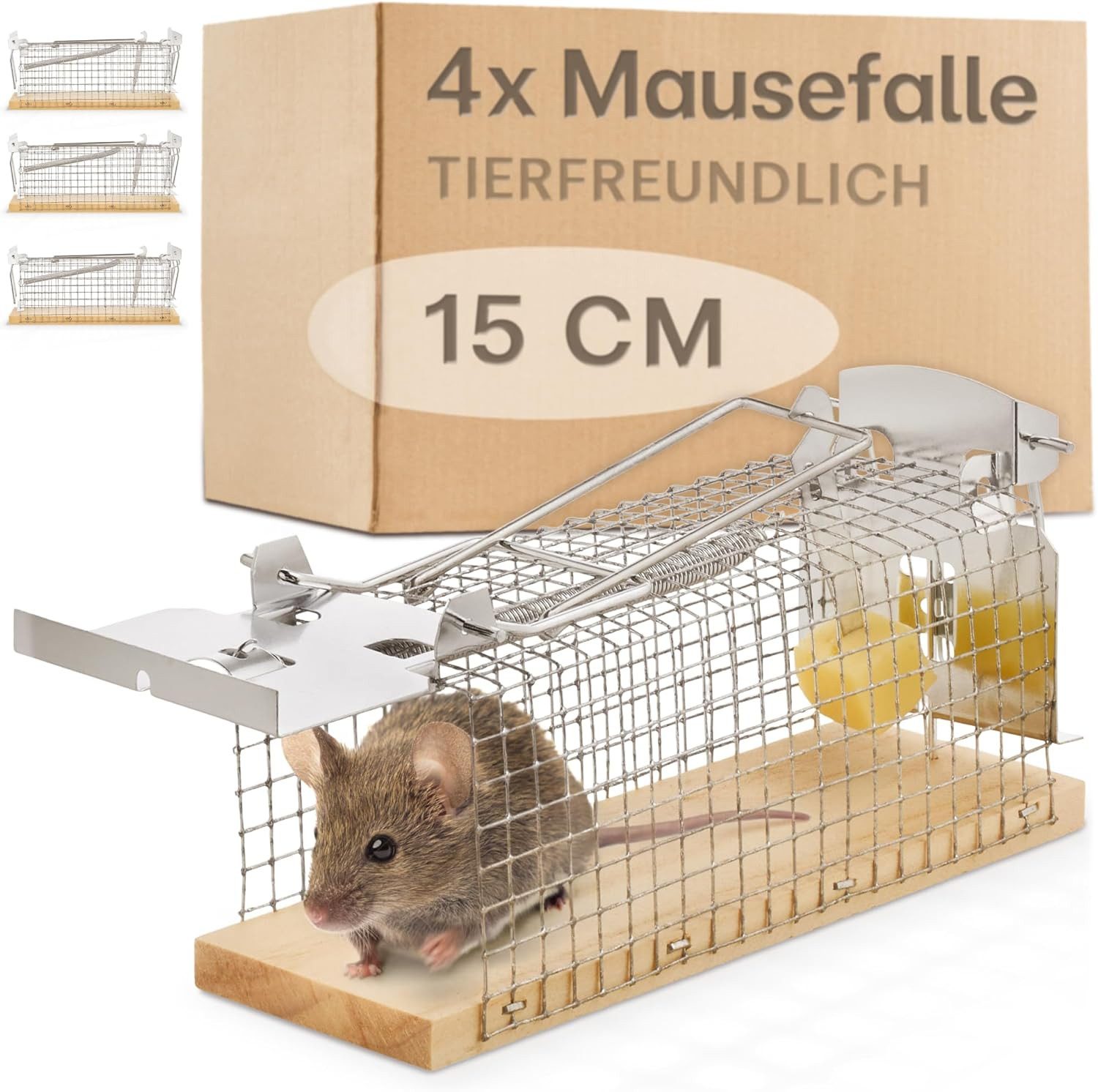 Praknu Lebendfalle 4 lebend Mausefallen Klein - Tierfreundlich & Wiederverwendbar, Aus nachhaltigem FSC Holz - Sofort Einsatzbereit