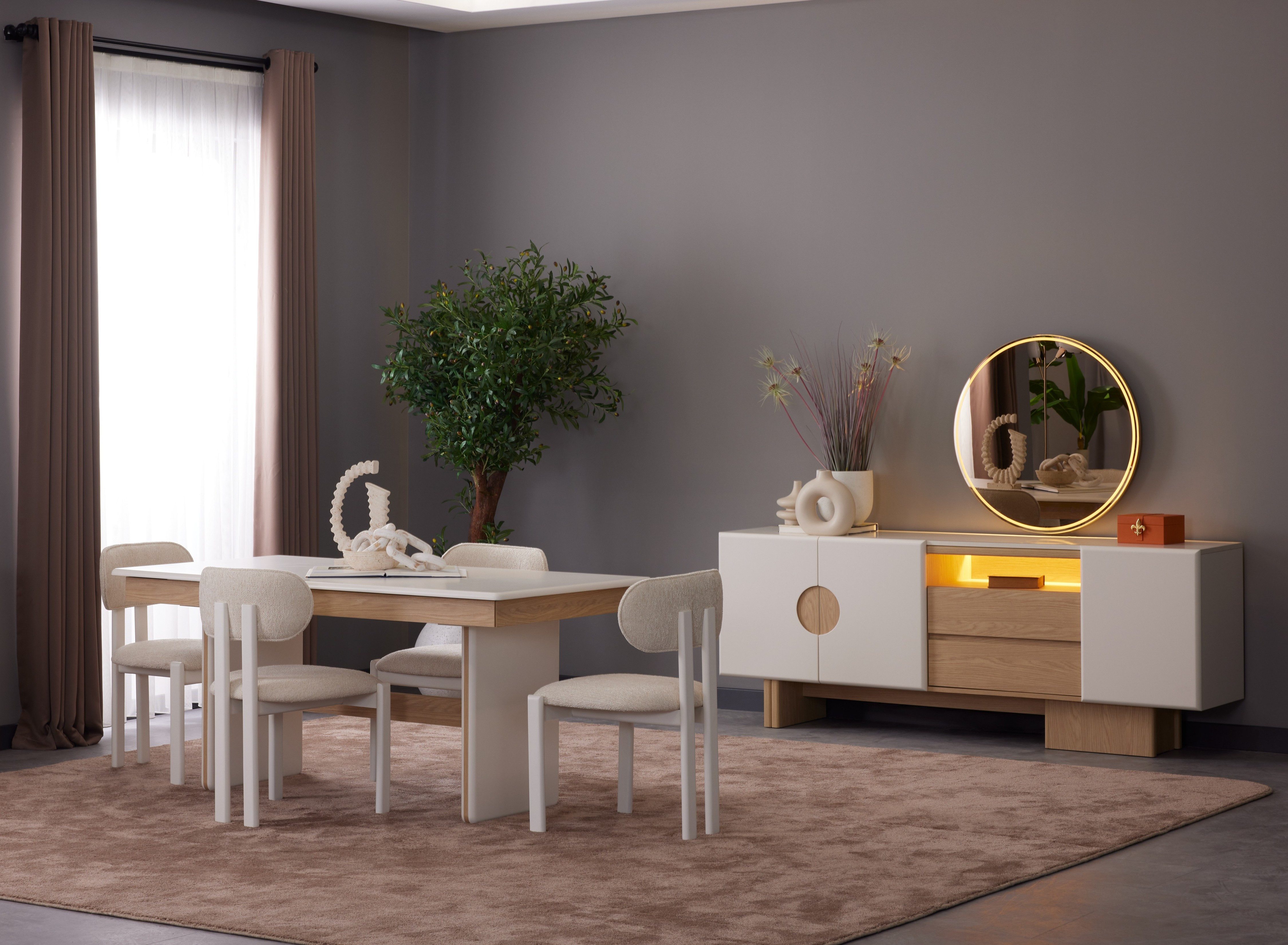 JVmoebel Esszimmer-Set Modernes Esszimmer Set Holz Beige Sideboard Polstermöbel Elegante Neu, (7-St), Made in Europa