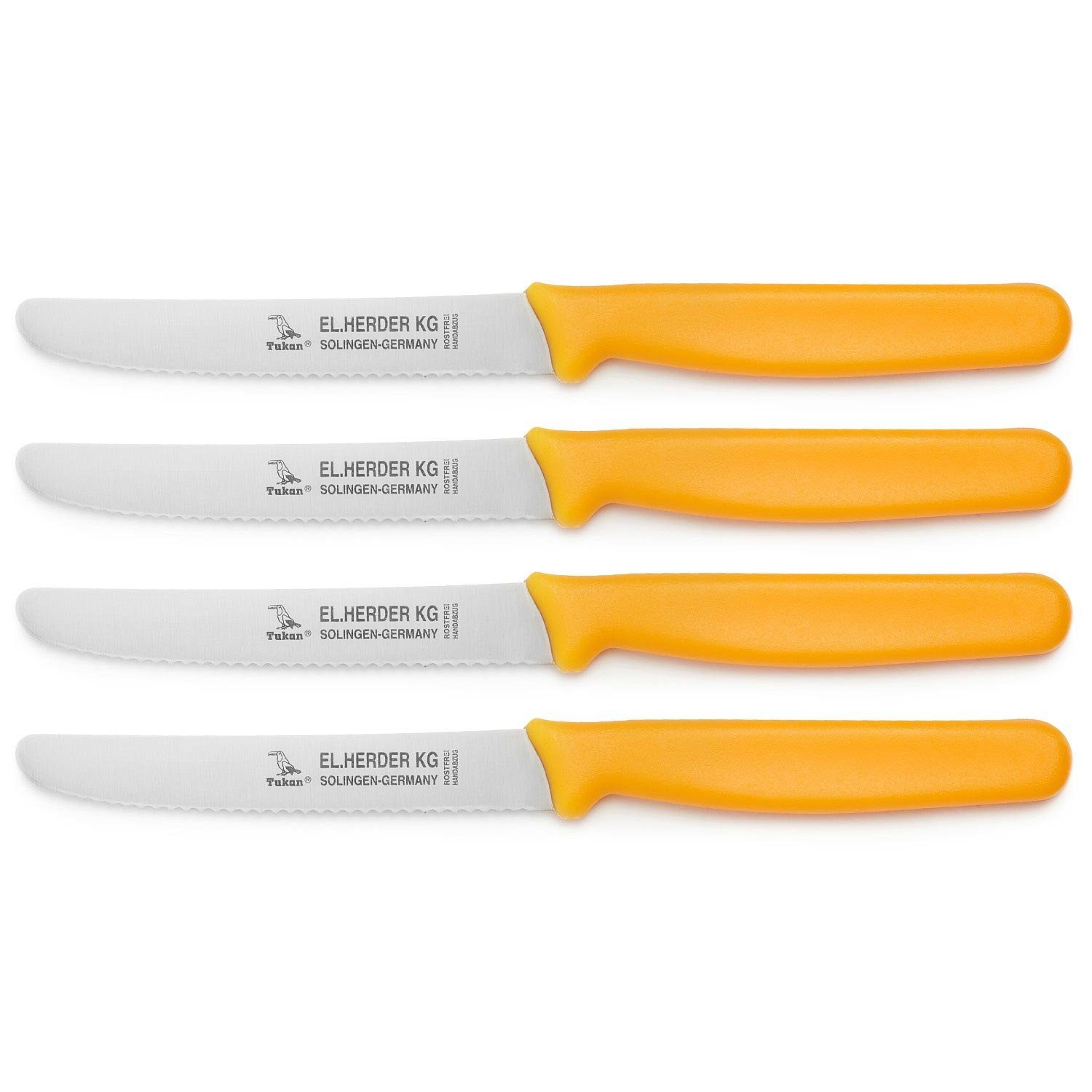 Landshop24 Brötchenmesser Brotmesser Tomatenmesser Tafelmesser 4er Set gelb, Edelstahl (Spezialstahl 1.4116) konisch geschliffen