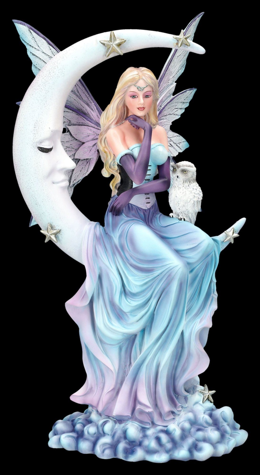 Figuren Shop GmbH Fantasy-Figur Elfenfigur - Wächterin der Träume auf Mond - Feefigur Dekoration Eule