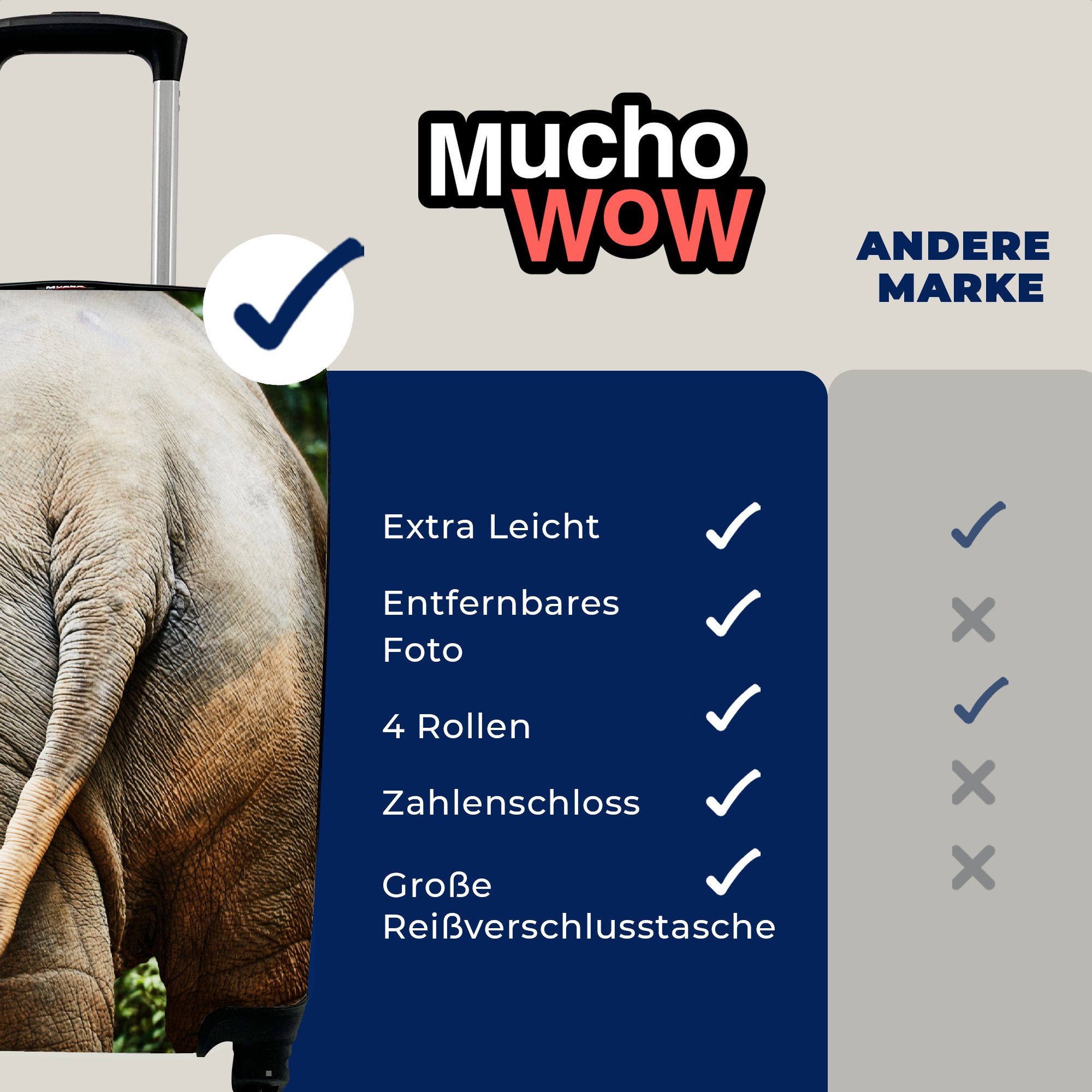 MuchoWow Handgepäckkoffer Elefant Grau Handgepäck Tiere Natur, - Rollen, Trolley, - Reisetasche rollen, - 4 für mit Reisekoffer Ferien