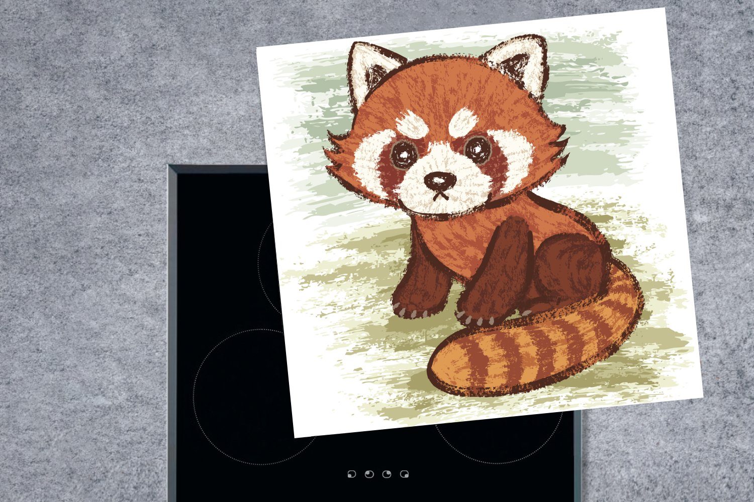 MuchoWow Herdblende-/Abdeckplatte Vinyl, Arbeitsplatte Ceranfeldabdeckung, 78x78 Hintergrund, Eine einem tlg), vor grünen für kleinen Illustration küche eines (1 cm, Pandas