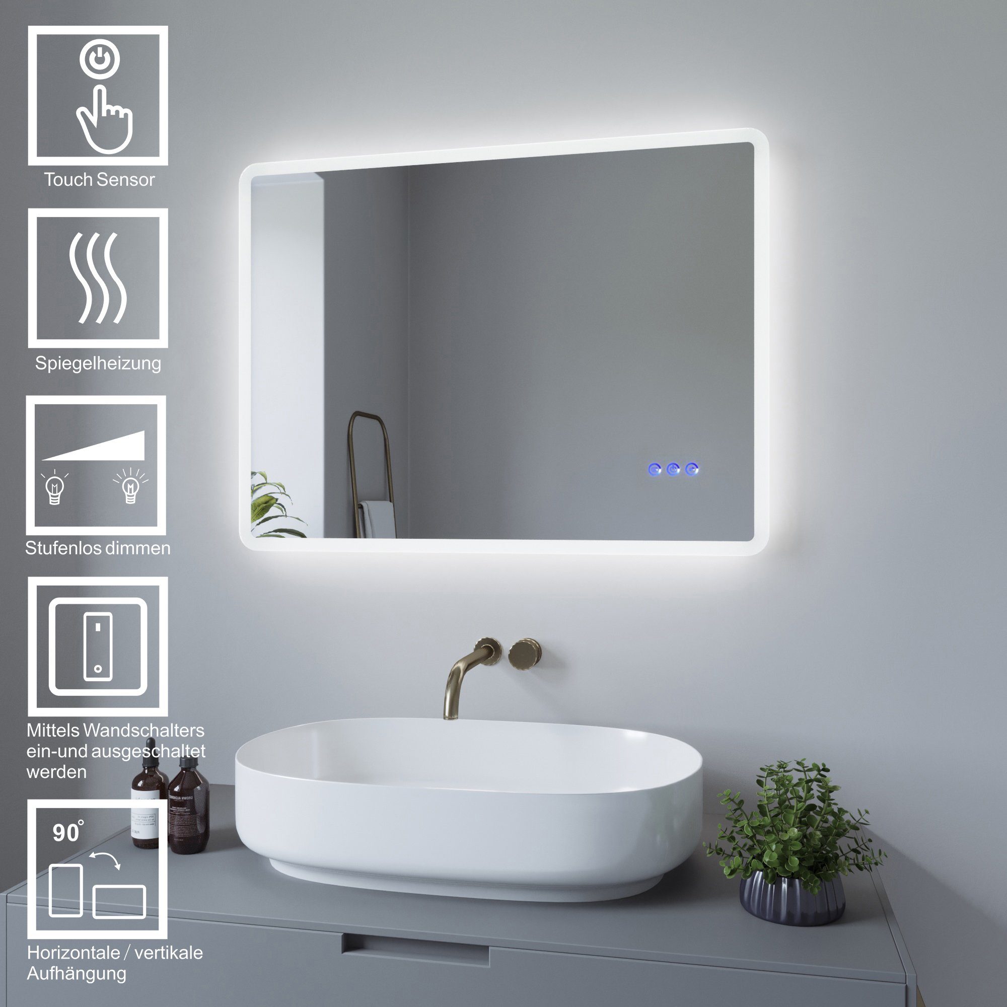 Badspiegel mit Kaltweiß Energiesparend und Spiegel Badspiegel 3000K, & Touch-Schalter horizontal LED Beleuchtung, mit 80x60cm 6400K AQUALAVOS Warmweiß vertikal