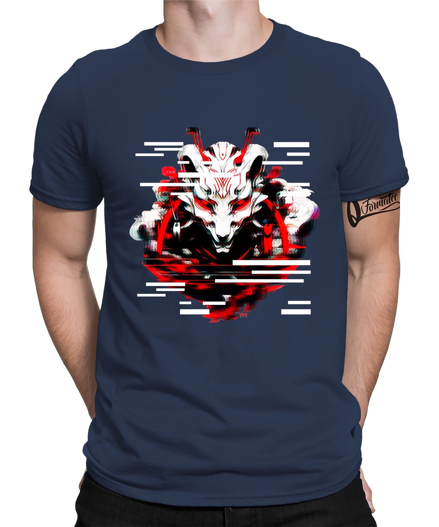 Quattro Formatee Kurzarmshirt Kitsune Maske Glitch - Anime Japan Ästhetik Herren T-Shirt (1-tlg) Navy Blau