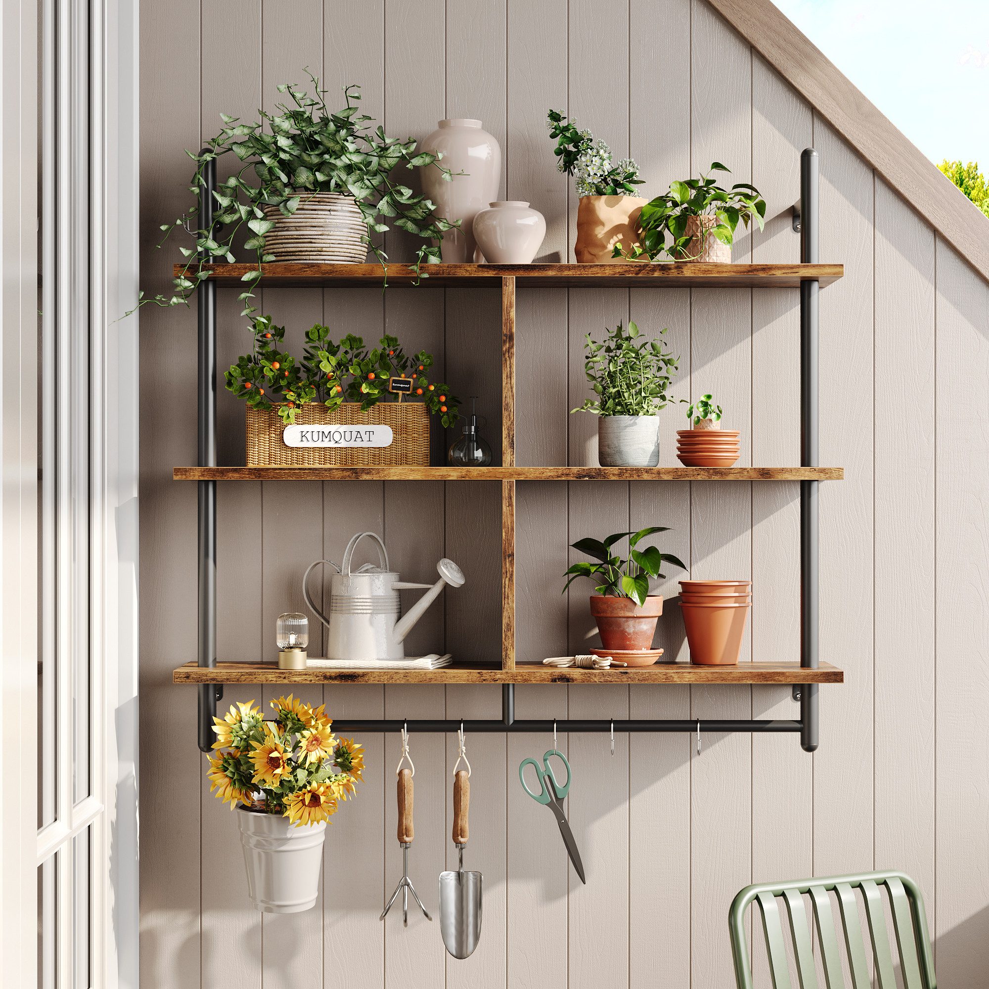 Bestier Wandregal Schweberegale, Küchenregal, Wandmontage, 3 Etagen – 105 x 96 x 23.8 cm, Vintage Holzregal 8-tlg., mit 8 Haken für Küche, Bad, Schlafzimmer