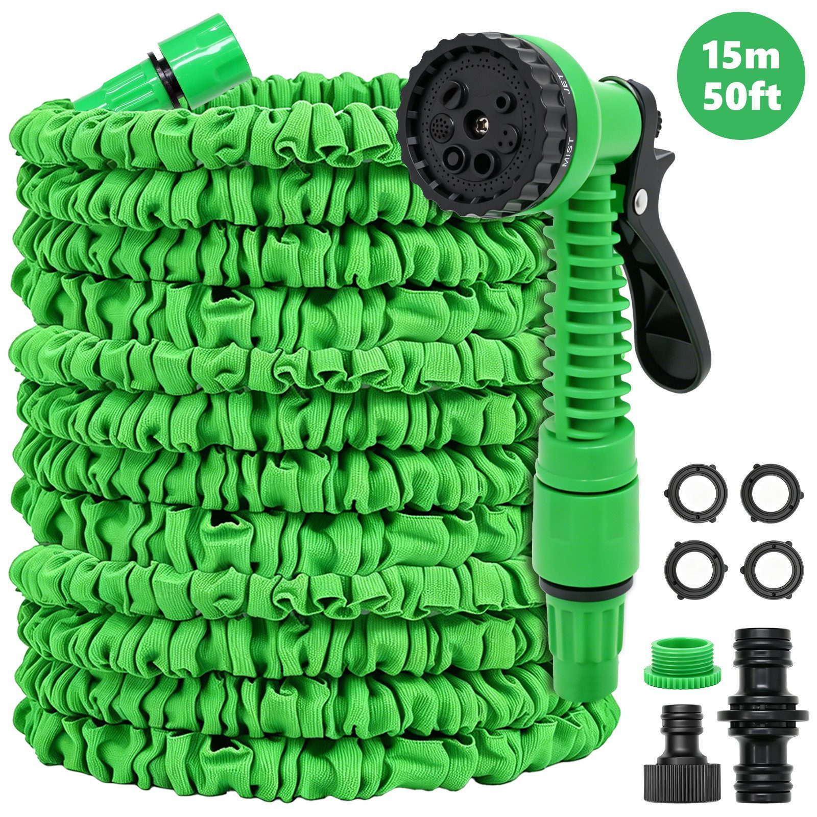 SunJas Gartenschlauch flexibel 15M Dehnbarer Wasserschlauch mit 7 Funktionen Sprühkopf, 1/2" & 3/4" Anschlüsse, Flexibler Schlauch für Garten Bewässerung & Autowäsche