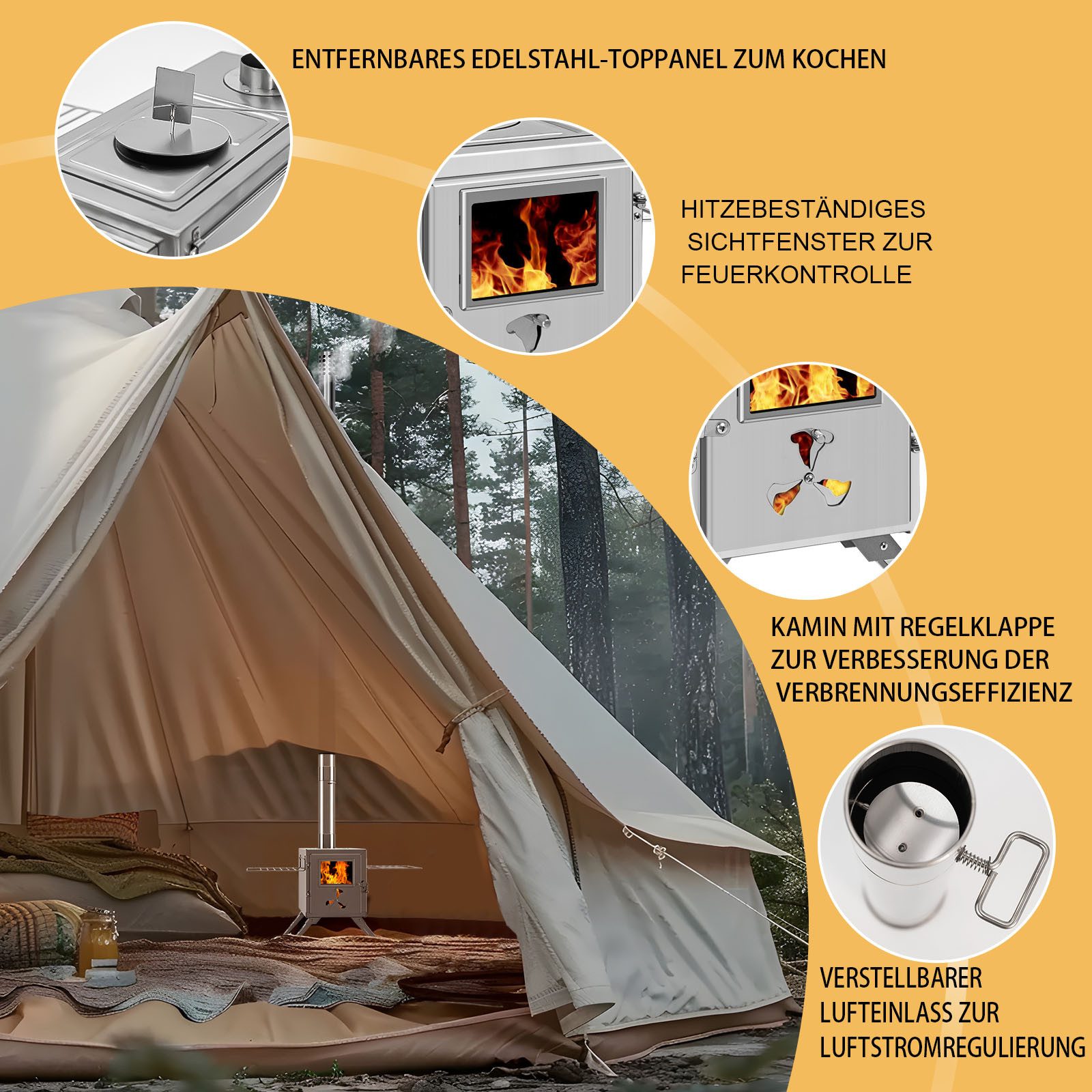 Meulbaty Feuerstelle Heißer Zeltofen, Camping-Holzofen für Zelt, tragbarer Holzofen, (1-St), aus Edelstahl, mit 7 Kaminrohren für Wandzelt-Camping, Kochen – Bild 4 von 5