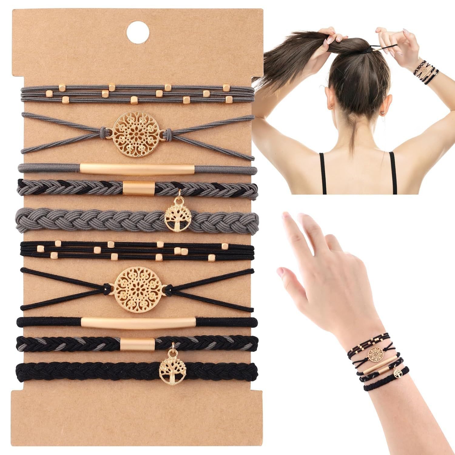 nsihing Haargummi 10 Stück Haargummi Damen, Elastische Geflochtene Haargummis, für Mädchen mit Perlen, Boho Haargummi für Langes Haar