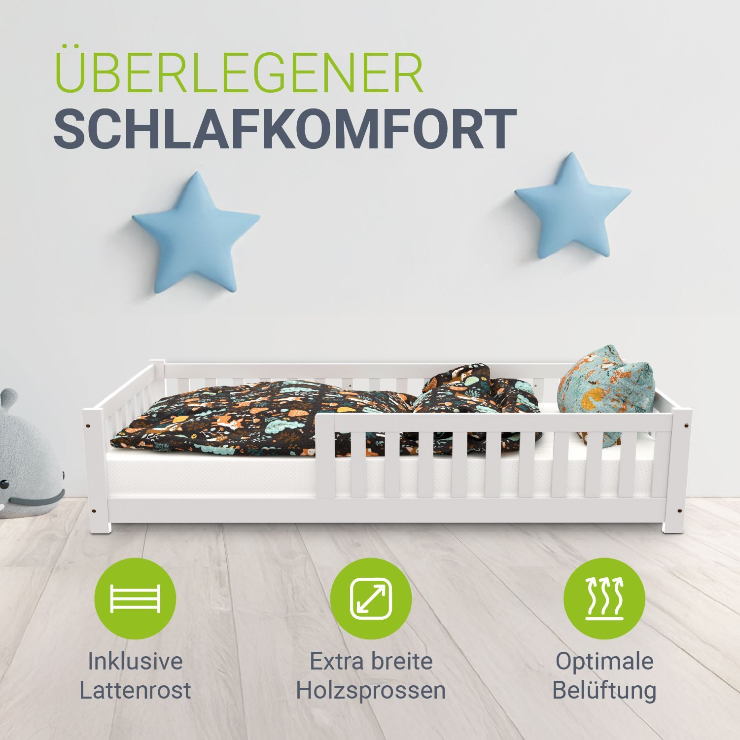 Juskys Kinderbett Naya, 90x200 cm Bodenbett aus Holz, mit Rausfallschutz & Lattenrost