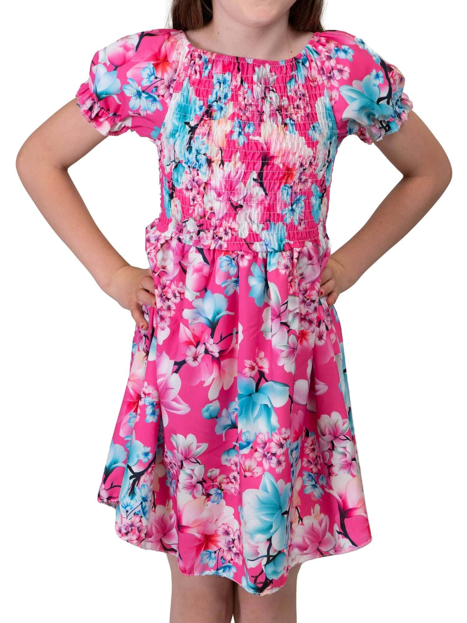 KMISSO Sommerkleid Mädchen Kleid smoked Oberteil Puffärmel 30382 (1-tlg) bequem zu tragen Pink