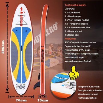 DURAERO Inflatable SUP-Board stand up paddling board Aufblasbare SUP Board Set, Kajak Komplett-Set, Luftpumpe, Doppel-Paddel, Komplettes Zubehör, 305x76x15cm, bis 110kg, Weiß