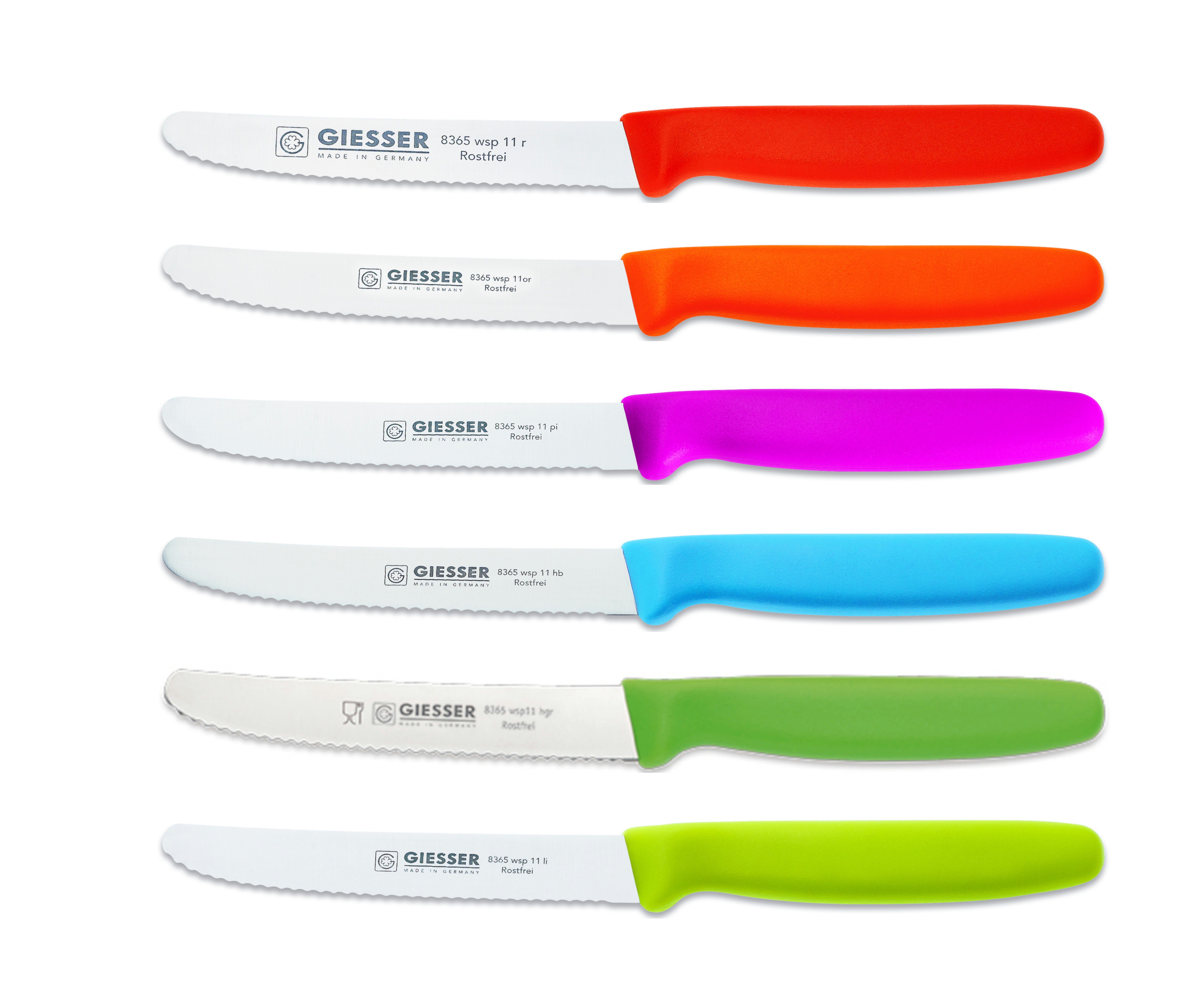 GIESSER Tomatenmesser Brötchenmesser 8365 wsp 11-6, 6er Set bunt gemischt; 3mm Wellenschliff; extrem Scharf