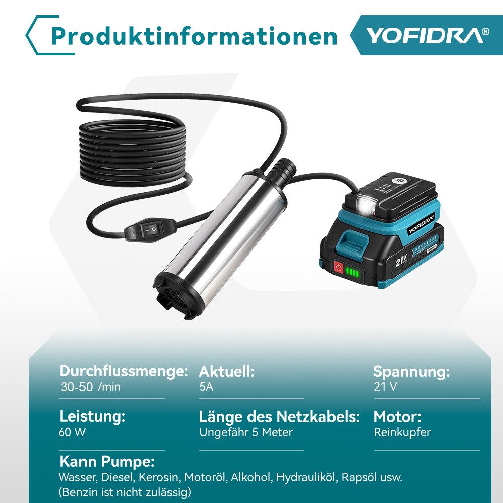 Yofidra Wasserpumpe 3000 L/h Kleine Tragbare Vielzweckpumpe mit 2x Akkus, 5m Kabellänge, für Schwimmbecken, Tank, Garten, Keller, Camping