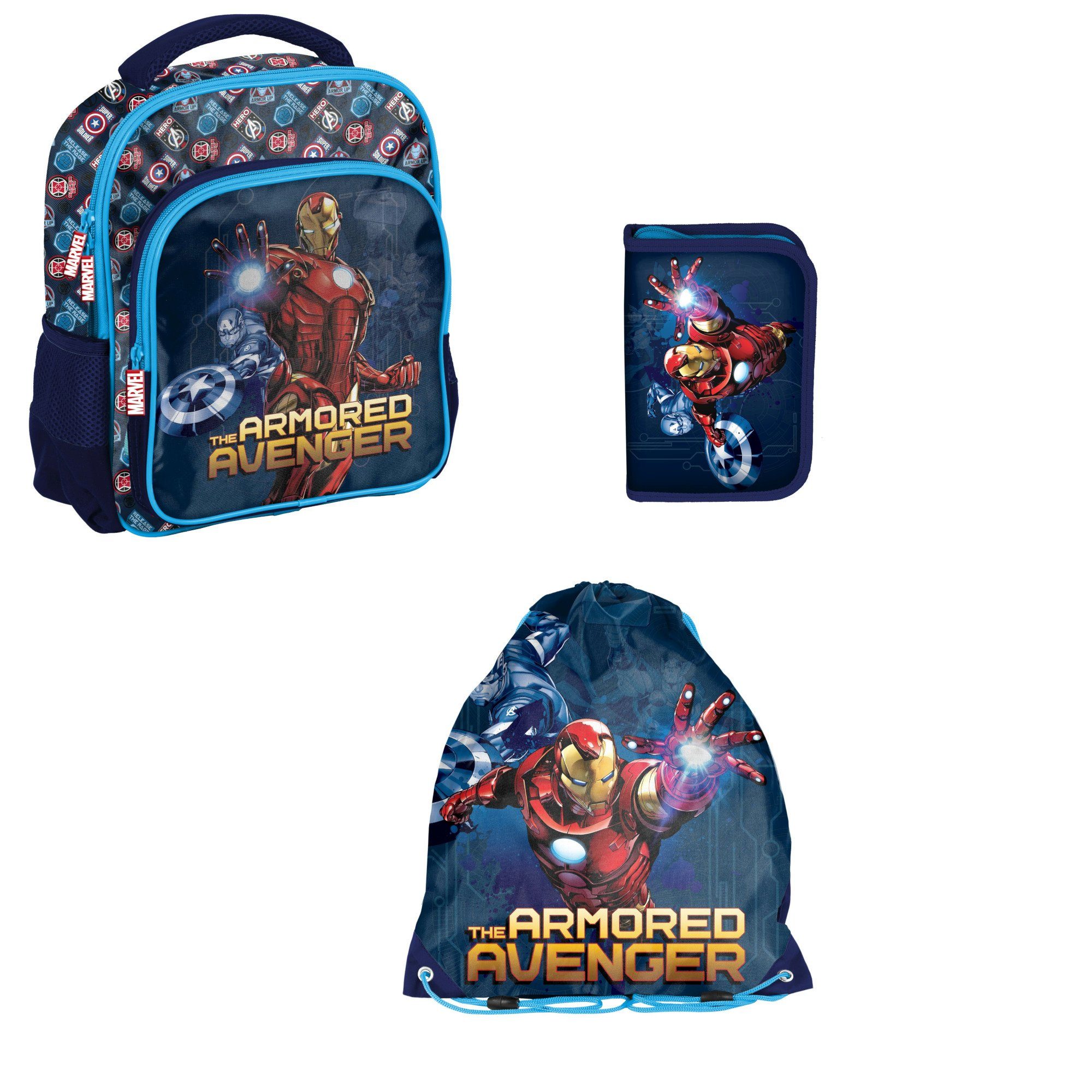 PASO Kinderrucksack (Set), 3-Tlg. Kinderrucksack Befüllte - Blau/Bunt - + Federmappe + Turnbeutel Avengers 