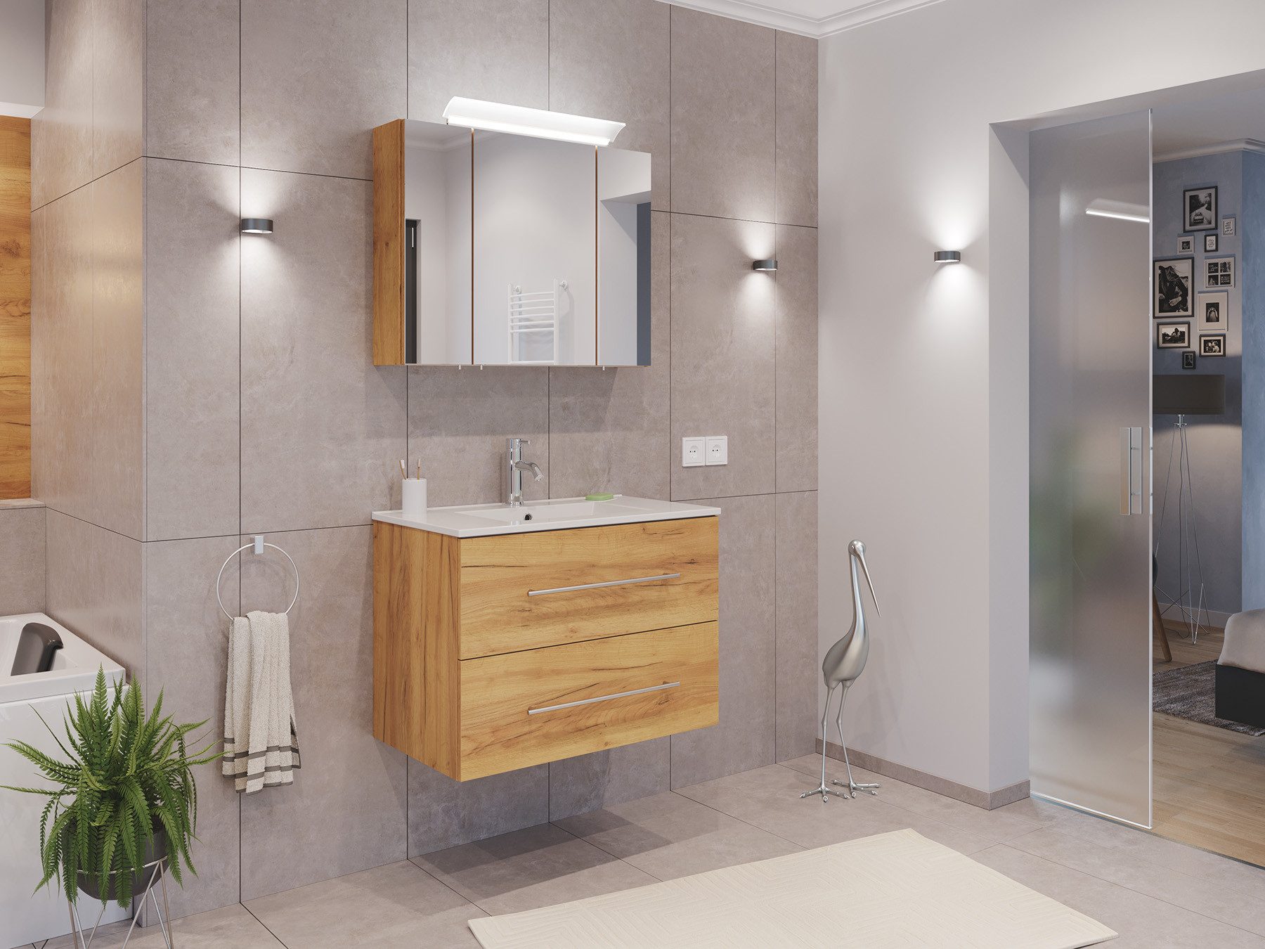 Magnolia Home Waschtisch Badmöbel Set Firenze 70 2tlg. Spiegelschrank Softclose eiche gold