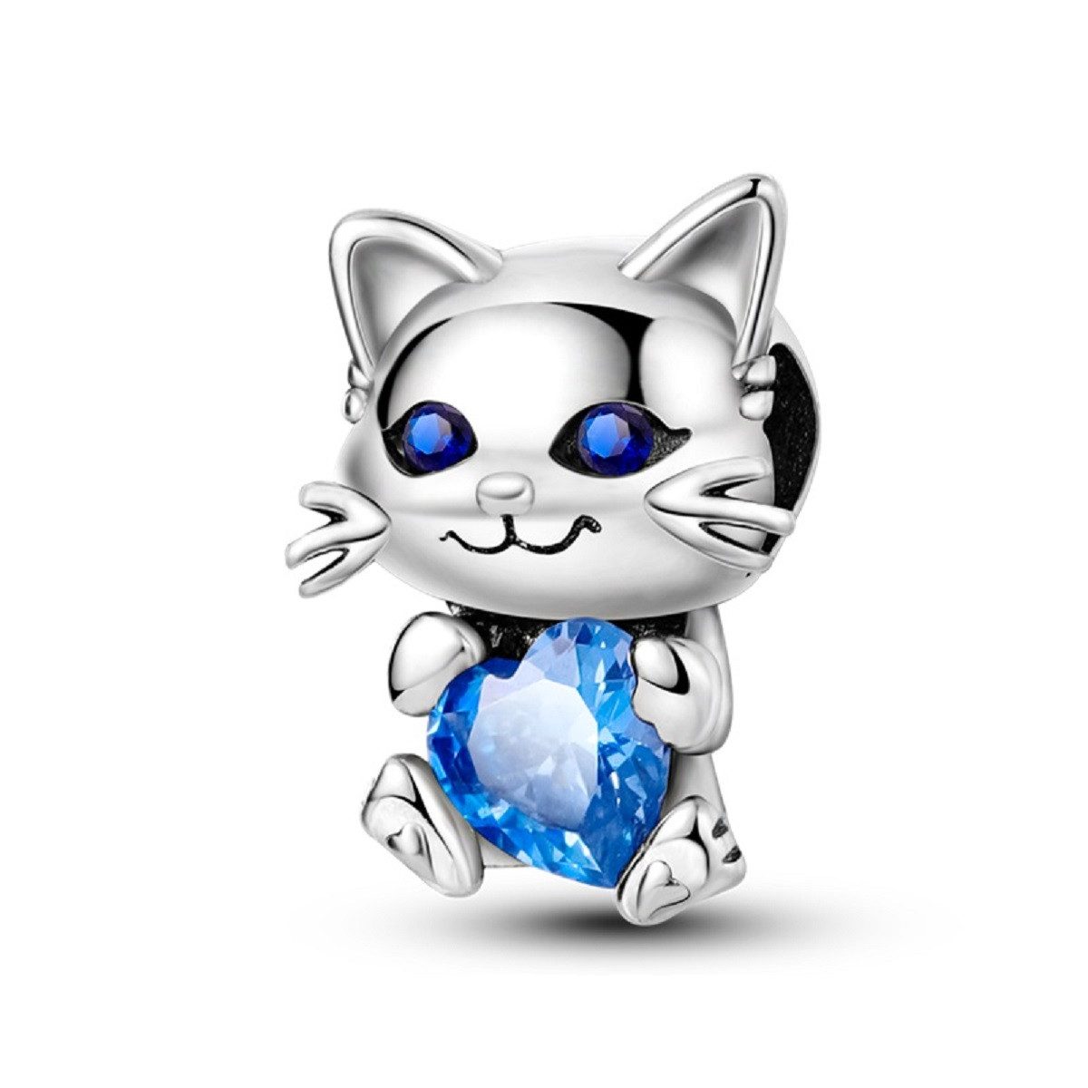 PANDACHARMS Bead Katze mit Blauem Herz Charm, 925 Sterling Silber mit Zirkonia