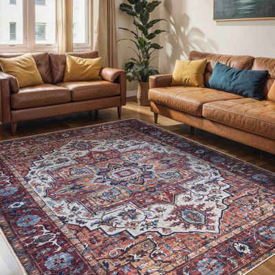 Orientteppich Teppich Oriental Orientteppich Wohnzimmer Orient Muster Rot Braun, Mazovia, 80 x 150 cm, Fußbodenheizung, Allergiker geeignet, Rutschfest