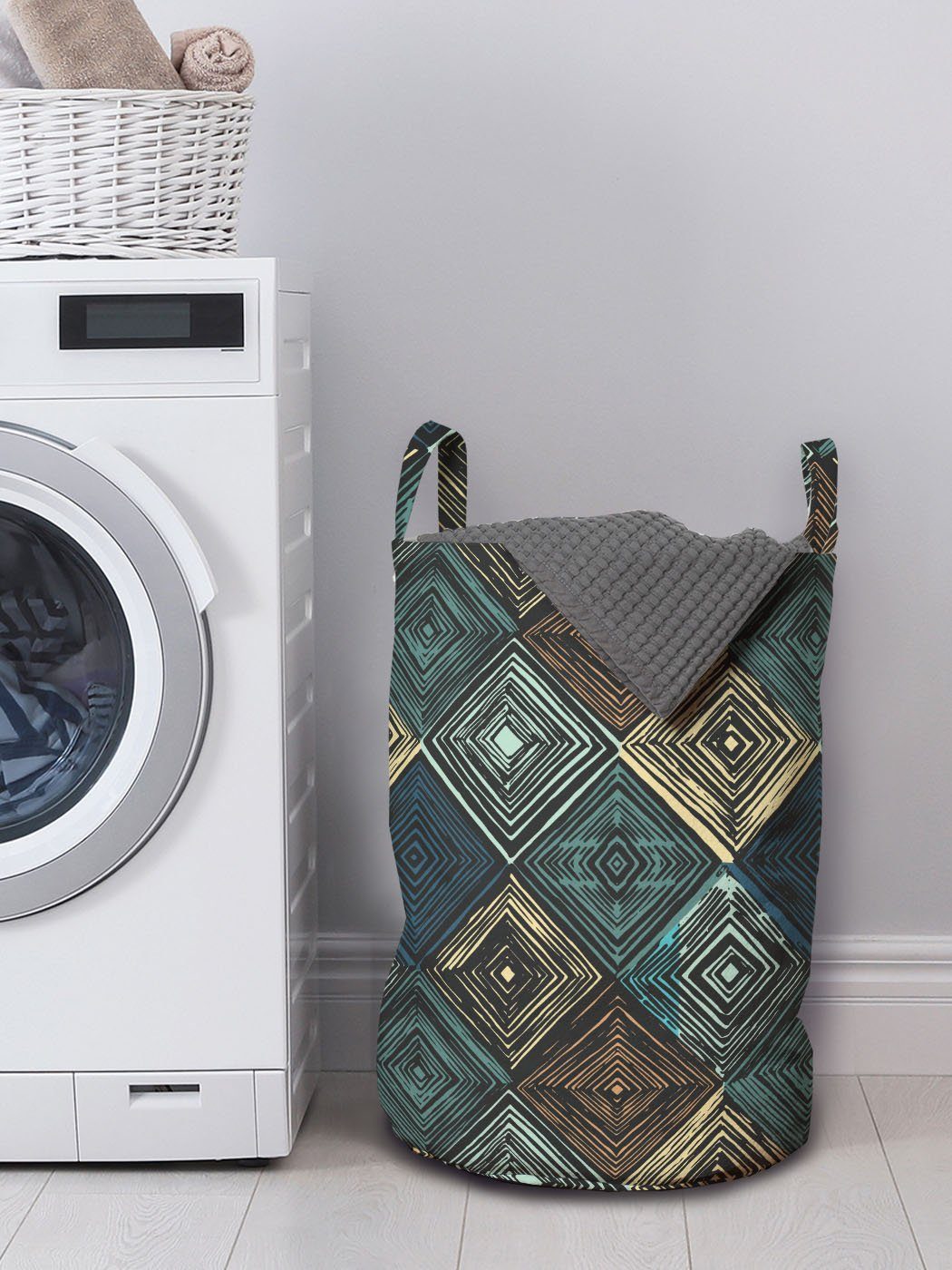 Abakuhaus Wäschesäckchen Kordelzugverschluss Retro für Wäschekorb Rautenmuster Waschsalons, mit Geometrisch Griffen