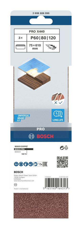 Thumbnail - BOSCH Schleifpapier Pro X440 Schleifbänder, (3 Teile), Pro X440 Schleifband-Set, 75 x 610 mm, G60, G80, G100, 3-teilig