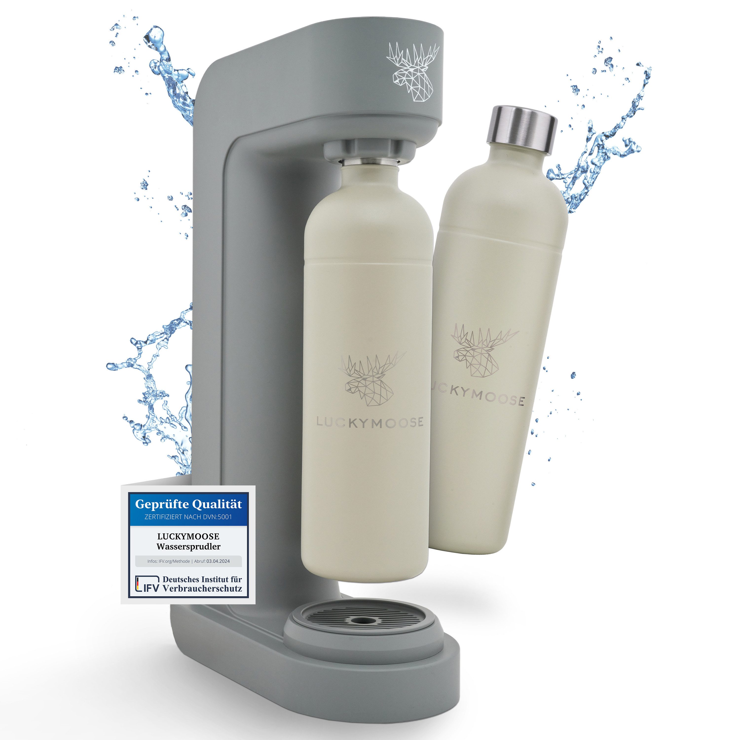 Luckymoose Wassersprudler Infinity mit 2x 1,25L spülmaschinenfesten Edelstahlflaschen, (2x Sand-tlg), Spart bis zu 25% CO2, Flaschen spülmaschinenfest & ohne Ablaufdatum