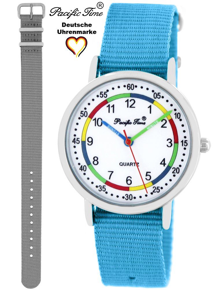 Pacific Time grau - Lernuhr Armbanduhr Gratis Design Mix First Wechselarmband, Versand Kinder und und Set Match Quarzuhr hellblau