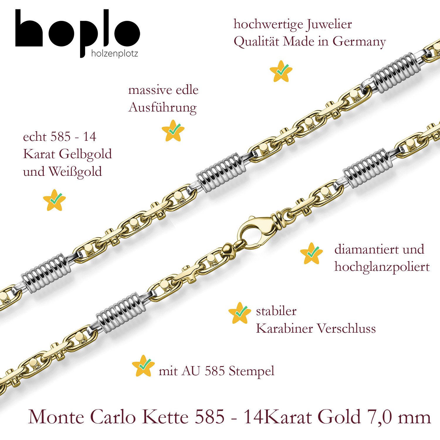 HOPLO Goldkette Goldkette Monte Carlo Kette Halskette 7,0 mm 55 cm 585-14 Karat Gold, Made in Germany