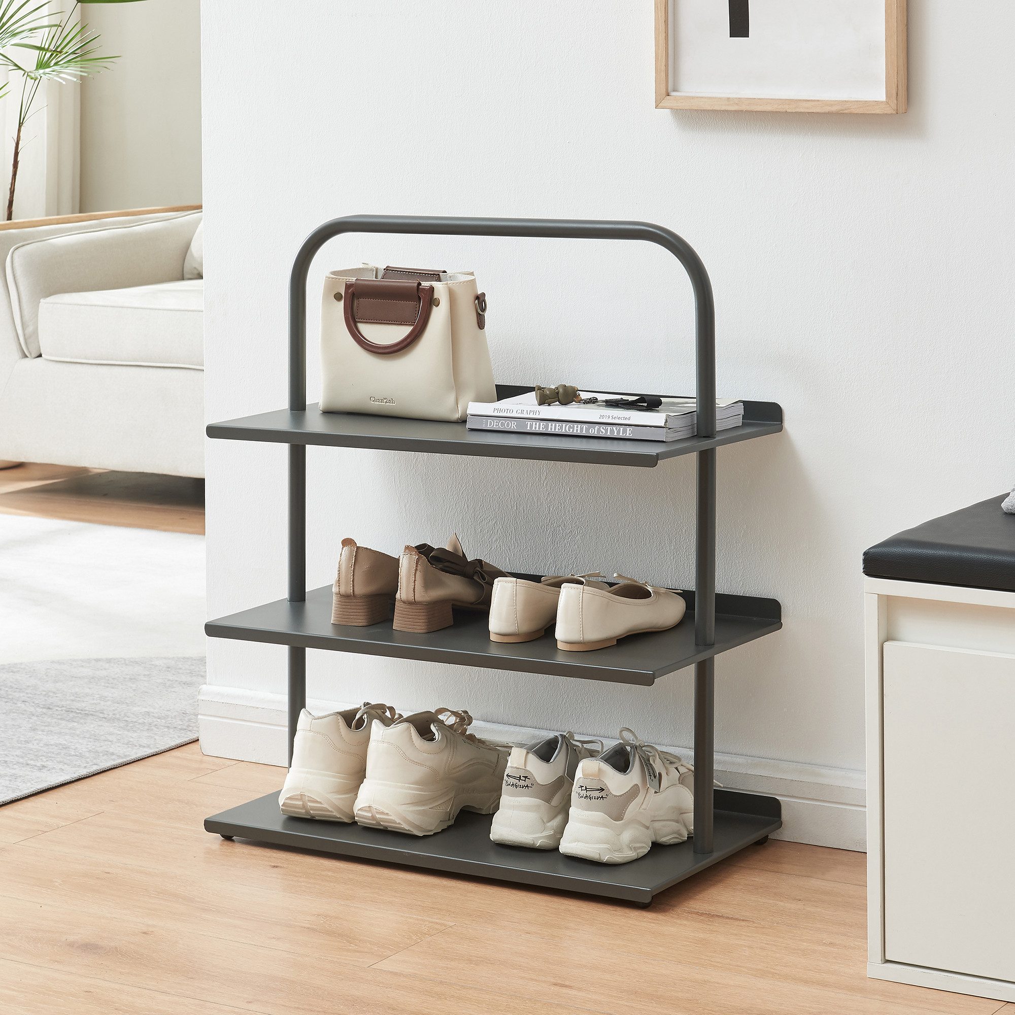 en.casa Schuhregal, »Poytya« mit 3 Ebenen Stahl 73 x 60 x 32 cm Anthrazit günstig online kaufen