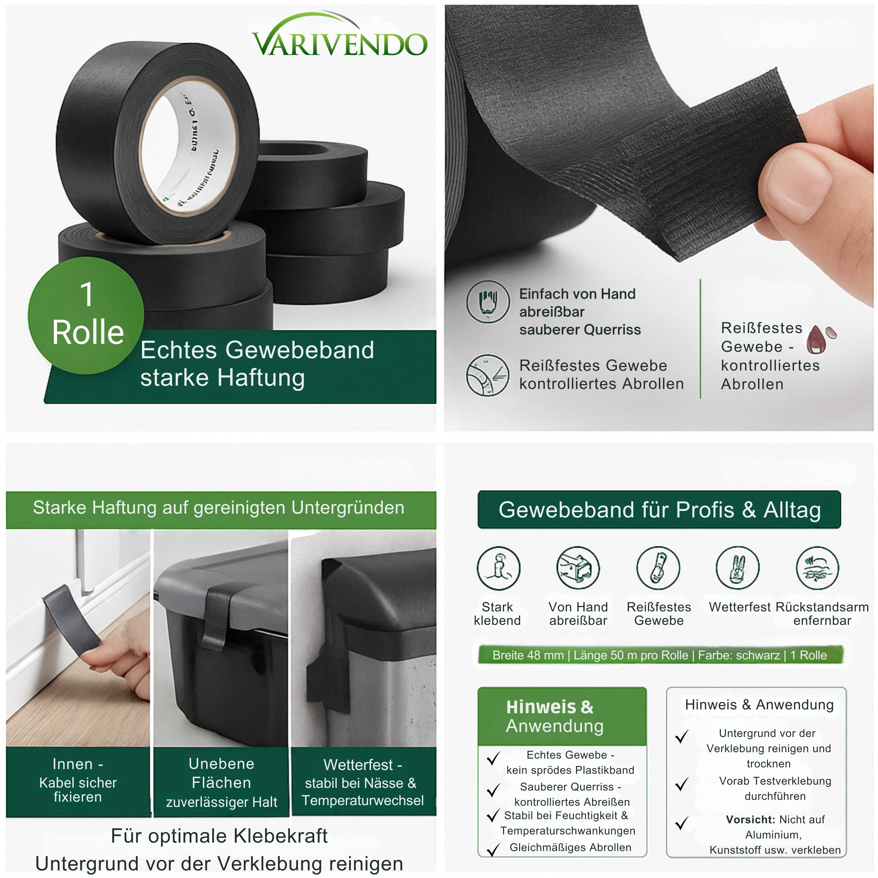 varivendo Klebeband Allzweckband Schwarz 48mmx50m Klebeband Universell (Rolle, 1-St., Gewebeband) Klebeband Gewebeband Panzertape Duct Tape Reparaturband Isolierband