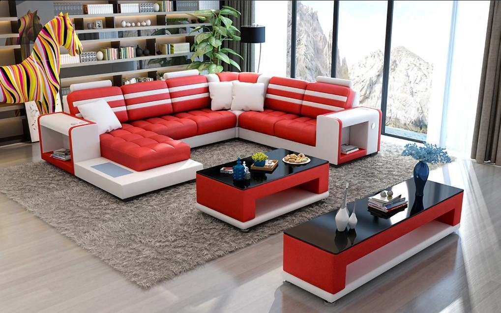 Ecksofa Sofa Modern Design U-Form Neu Couch Textil Polster Couch Rot/Weiß Ecksofa, JVmoebel