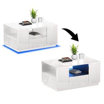 Makika Ablagetisch Design Couchtisch LED mit Schubladen - Weiß Hochglanz