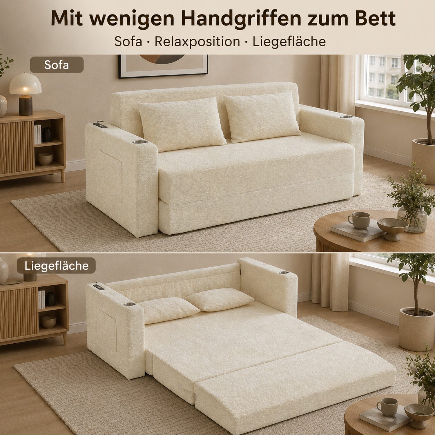 ANYSUN Loungesofa Faltbares Schlafsofa, 2-Sitzer-Couch,das 2-in-1 Klappsofa, Bodenständiges Sofa-Bett,nklusive 2 Kissen, mit USB-Ladefunktion, 2-Sitzer-Sofa,Bodensofa Bett für Wohnzimmer,Wohnung,kleine Räume