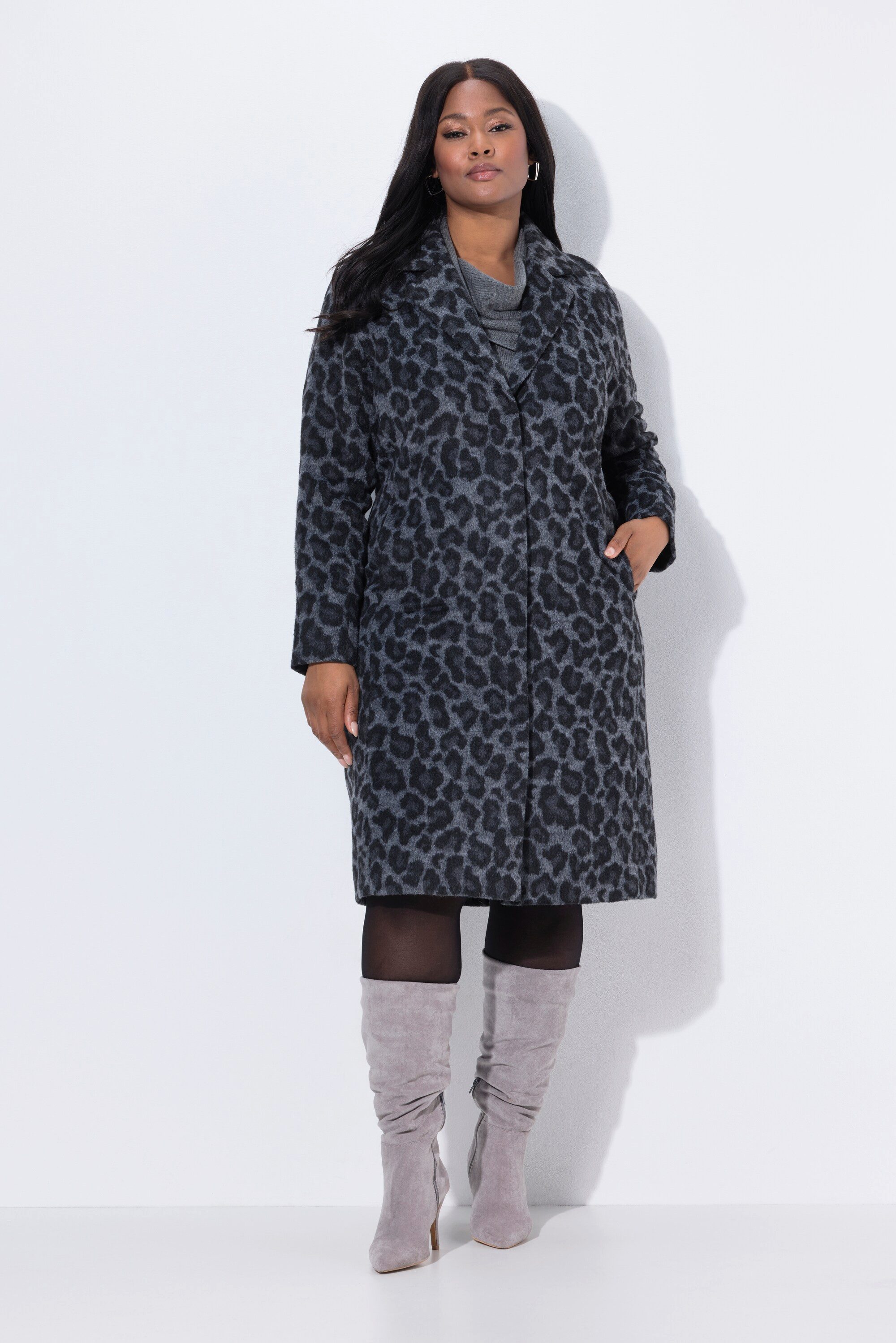 Ulla Popken Wintermantel Mantel Leomuster Reverskragen Raglan-Langarm günstig online kaufen