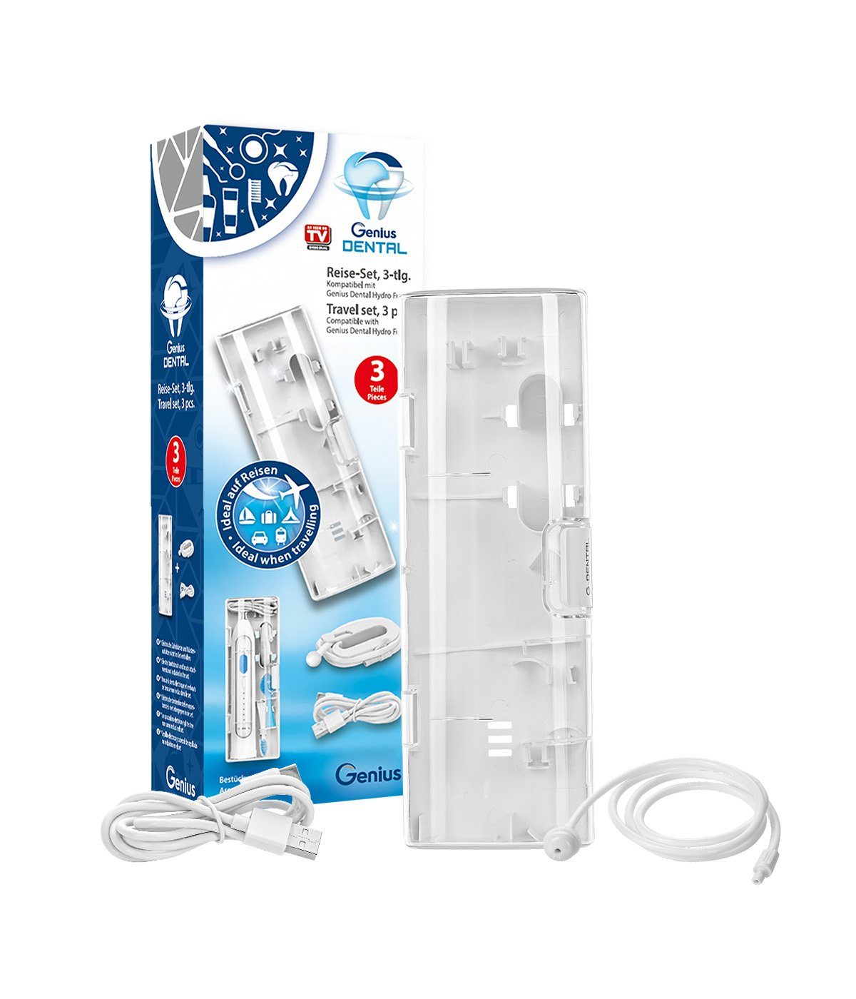 Genius Elektrische Zahnbürste Dental Hydro Fusion, Reise-Set 3-tlg. 2in1 Elektrische Zahnbürste, Wasserschlauch für Mundspülung Unterwegs, Hygienisches Reise Etui