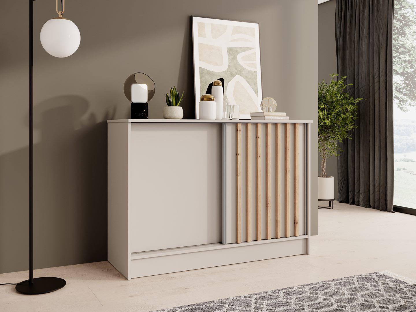 Beautysofa Kommode mit 2 Schiebetüren HORIZON (in 120 cm oder 160 cm, verschiedene Farben: Eiche Artisan, Schwarz, Weiß, Kaschmir), mit dekorativen Lamellen