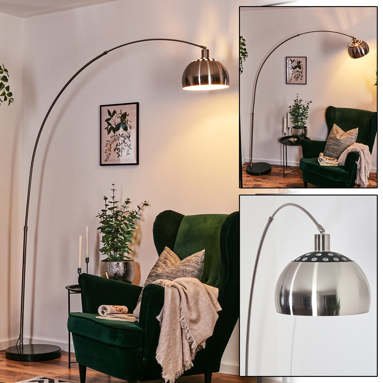 hofstein Bogenlampe Stehlampe aus Metall mit Marmorfuß in Schwarz/Nickel-matt/Weiß, ohne Leuchtmittel, verstellbar, im Retro/Vintage-Design, Fußschalter, Lichteffekt, E27