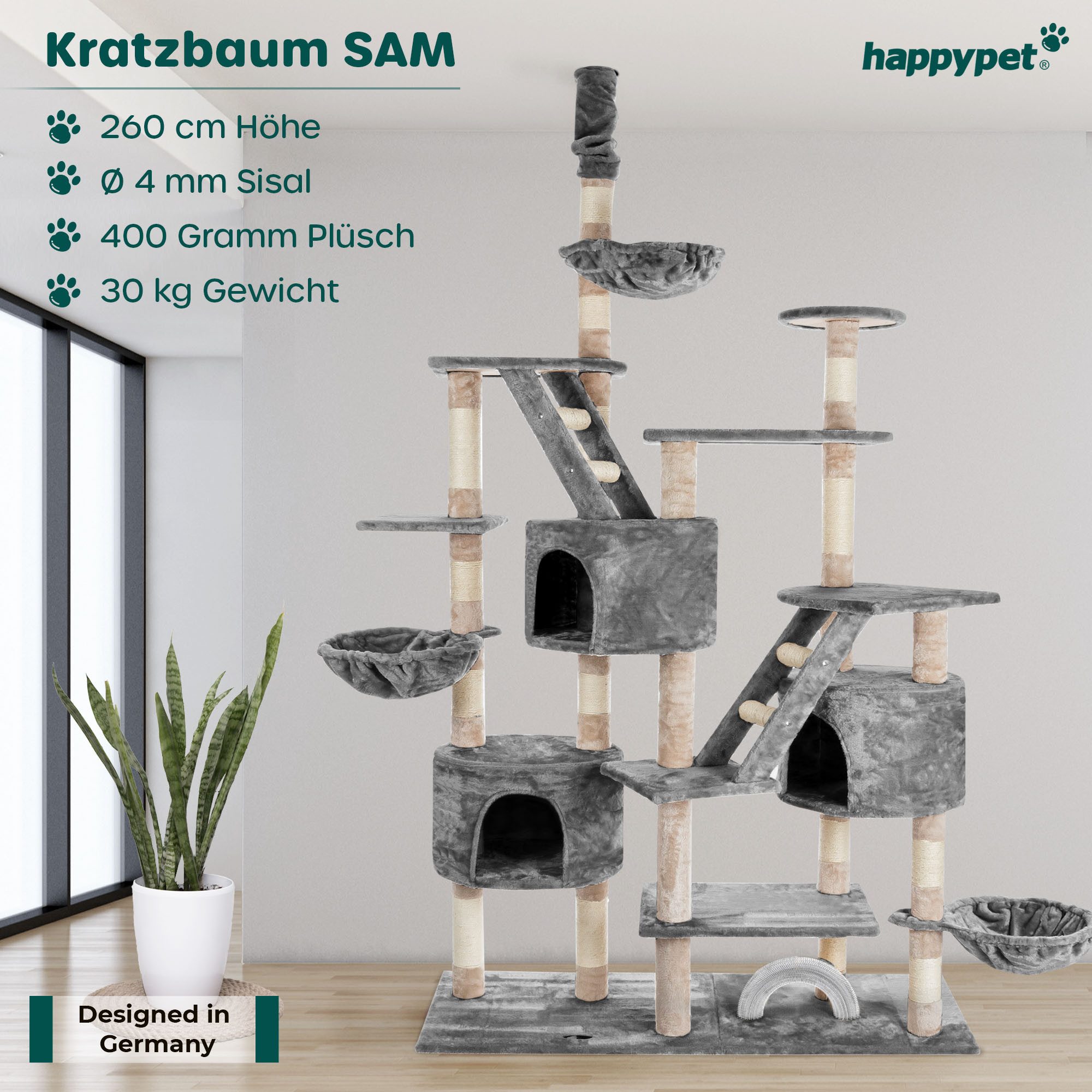 Happypet Kratzbaum SAM, Gesamthöhe bis 260 cm, Extra Breit, Deckenhoch mit viel Zubehör