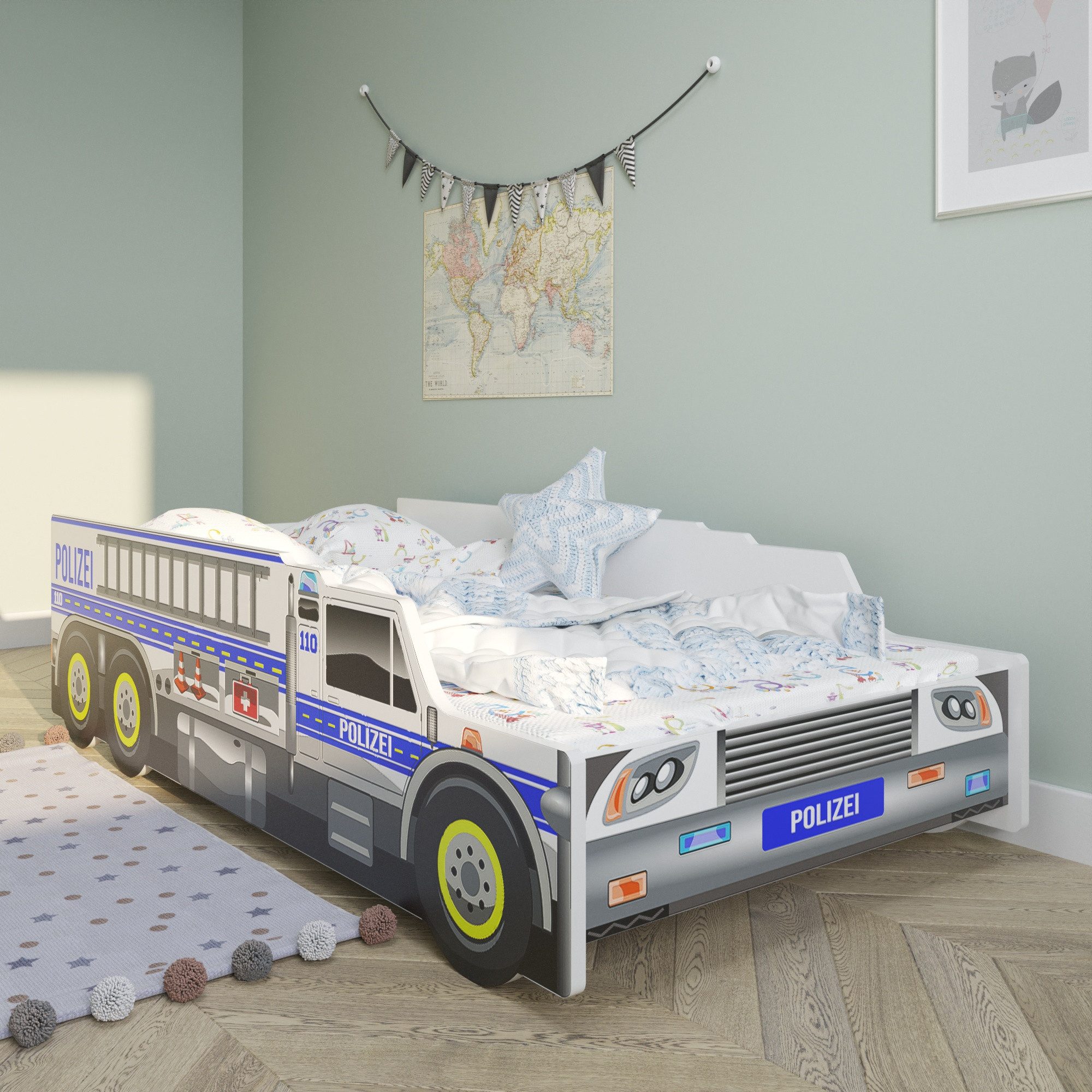 Kids Collective Car Bed, Children's Bed, Youth Bed 80x160, Police Design with Fall Protection, Police Car, with Slatted Base 80x160 cm, Mattress Optional, Policeman Play Bed