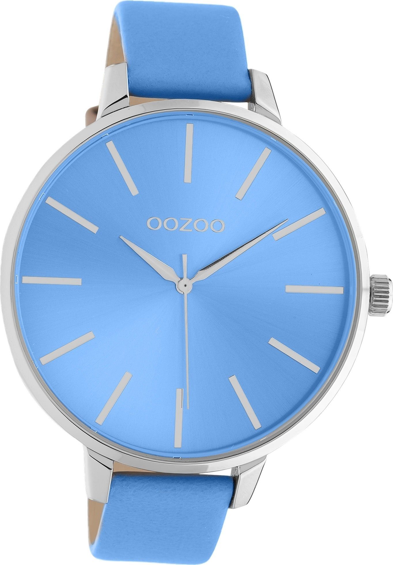 OOZOO Quarzuhr Oozoo Damen Armbanduhr Timepieces, Damenuhr Lederarmband blau, rundes Gehäuse, extra groß (ca. 48mm)