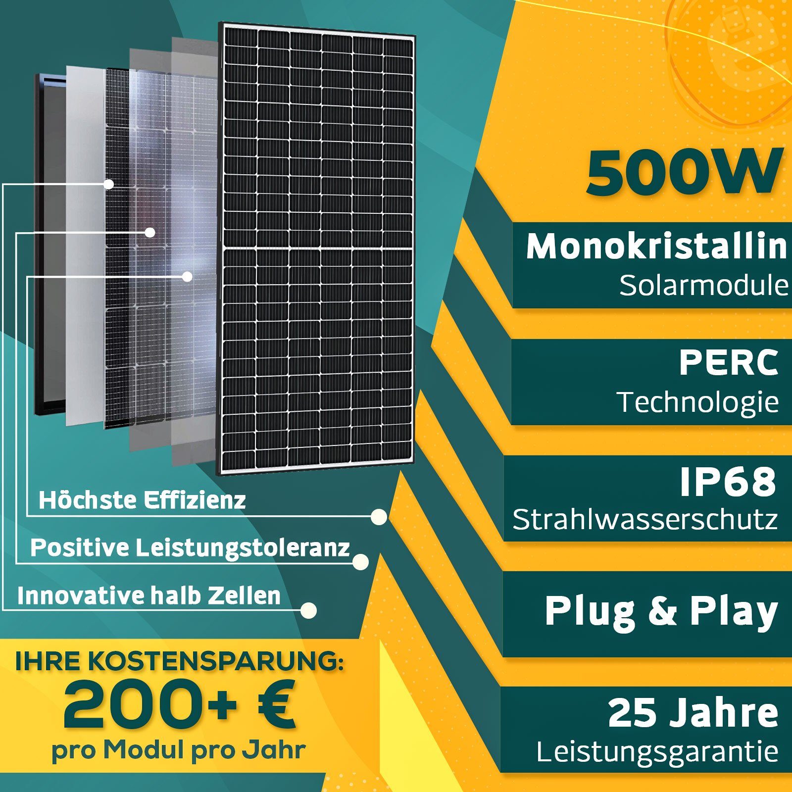 enprovesolar Solaranlage 500W Stecker Schuko Solarmodule, 1000W Wechselrichter, 800W Balkonkraftwerk Komplettset 5M WIFI inkl. NEP