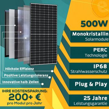 enprovesolar Solaranlage 1000W Balkonkraftwerk Komplettset inkl. 500W Solarmodule, Monokristalline, (Komplettset), Deye 800W WIFI Wechselrichter mit Relais, 5M Schuko Stecker