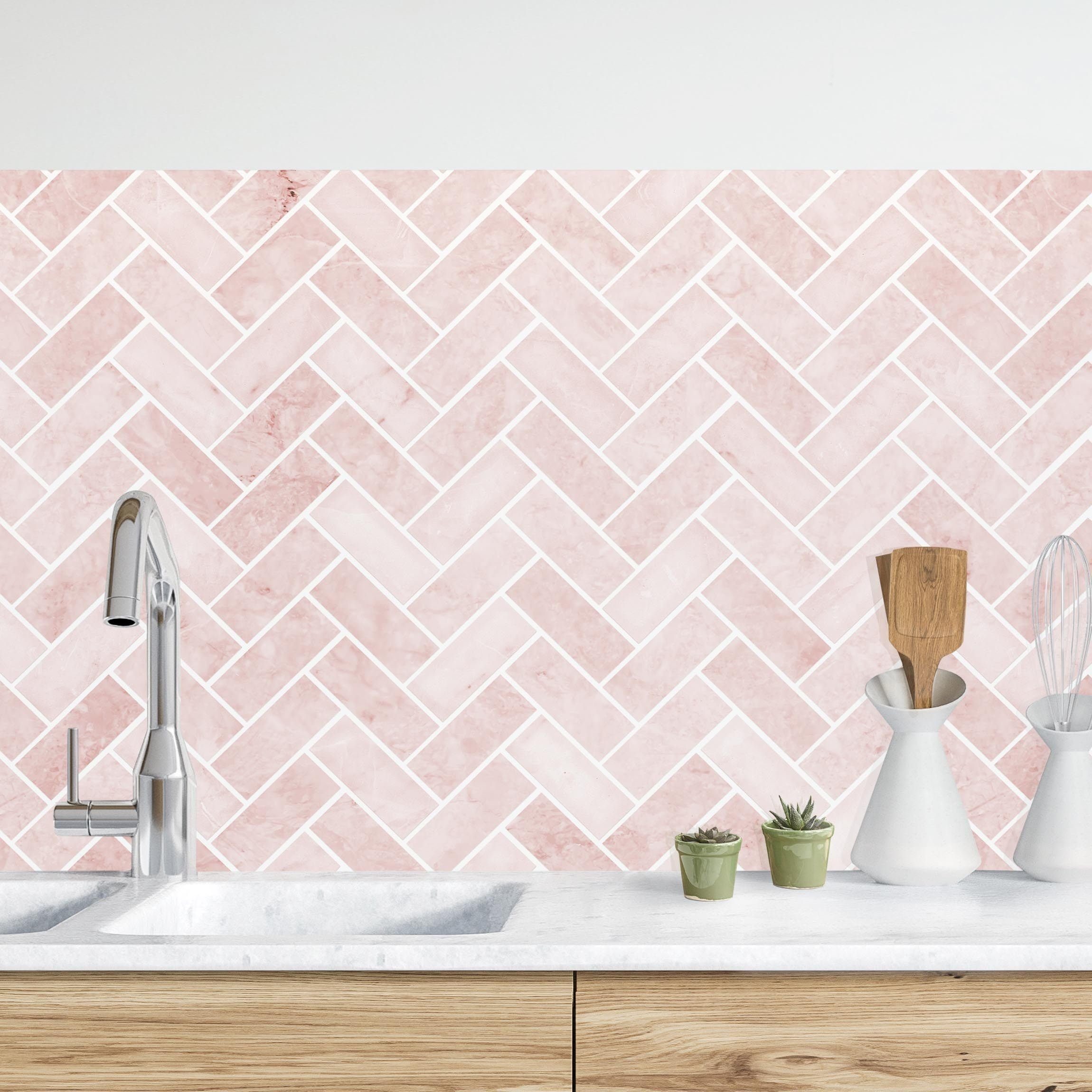 Bilderdepot24 Küchenrückwand rosa dekor Abstrakt Fliesenoptik Marmor Fischgräten Fliesen Altrosa, (1-tlg., Nischenrückwand - für Fliesenspiegel ohne Bohren - matt), Spritzschutz Rückwand Küche Herd - Folie selbstklebend versch. Größen
