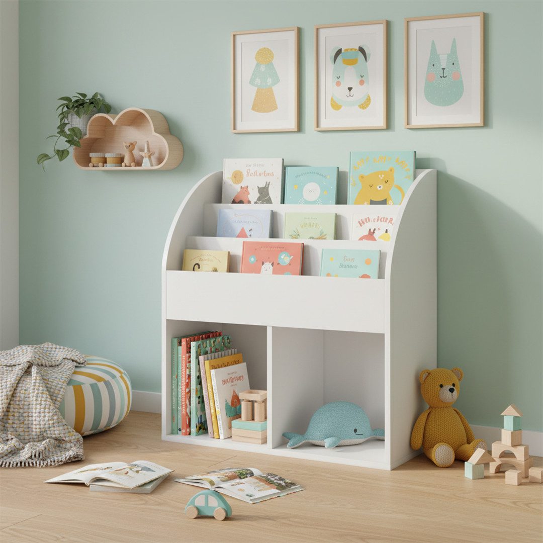 Bellabino Kinderregal Koro mit offenen Fächern, weiß, Bücherregal, Spielzeugaufbewahrung, 3 Fächer für Bücher, 2 Fächer für zusätzlichen Stauraum