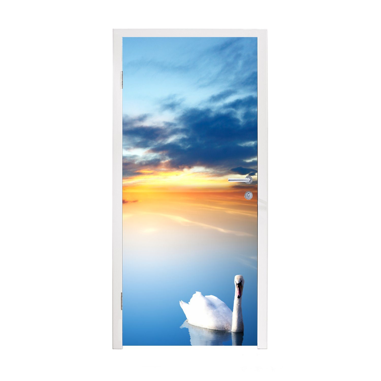 MuchoWow - Schwan Tür, Matt, - Fototapete Türtapete Natur, 75x205 bedruckt, Türaufkleber, cm (1 St), Sonnenuntergang für