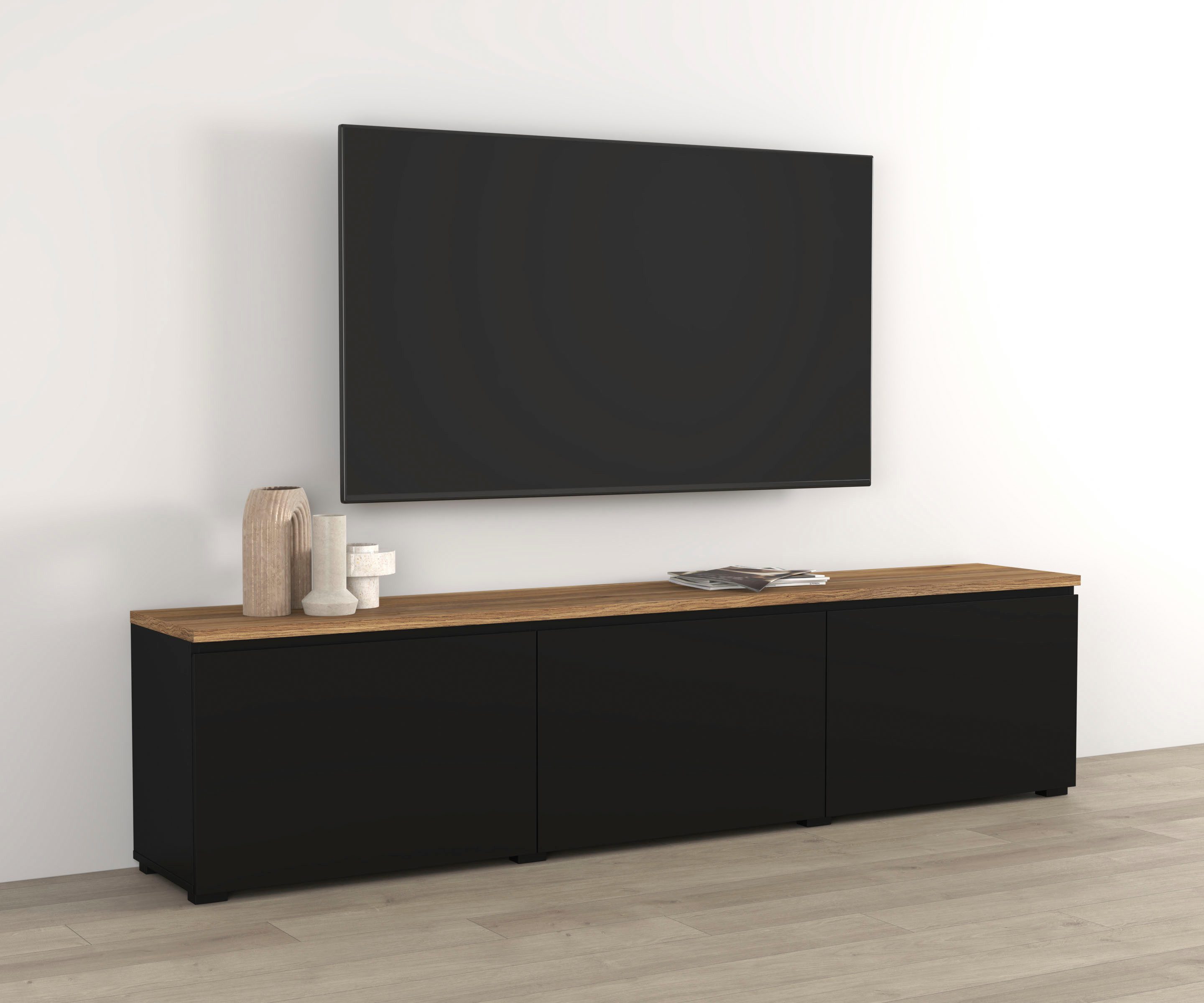 OTTO home Lowboard Modo, Breite 200 cm, moderne grifflose TV-Kommode 3 Klappen, TV-Kommode mit viel Stauraum, TV-Bank