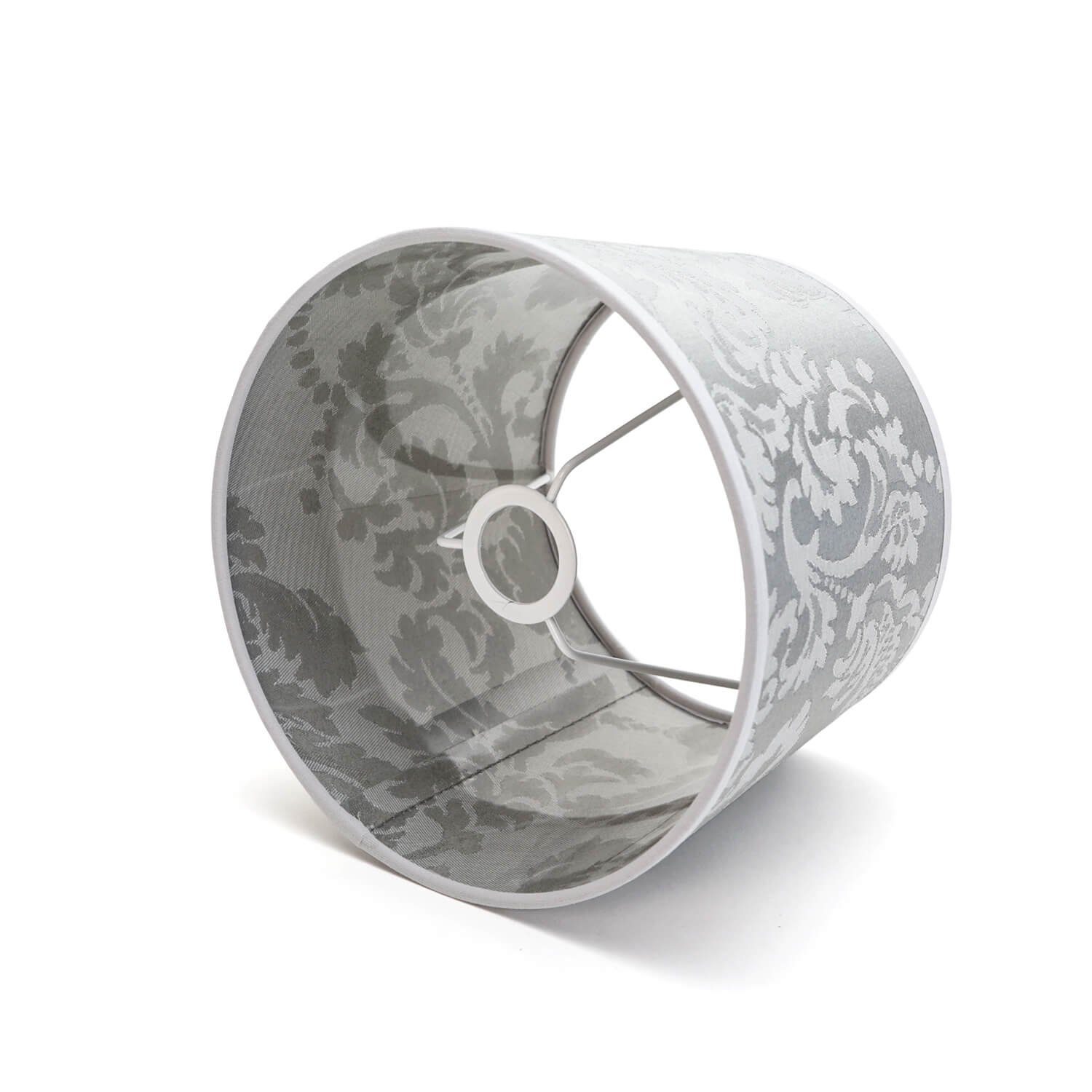 Licht-Erlebnisse Lampenschirm WILLOW, Leuchtenschirm klein Stoff Silber Barock Muster Nachttisch Lampe