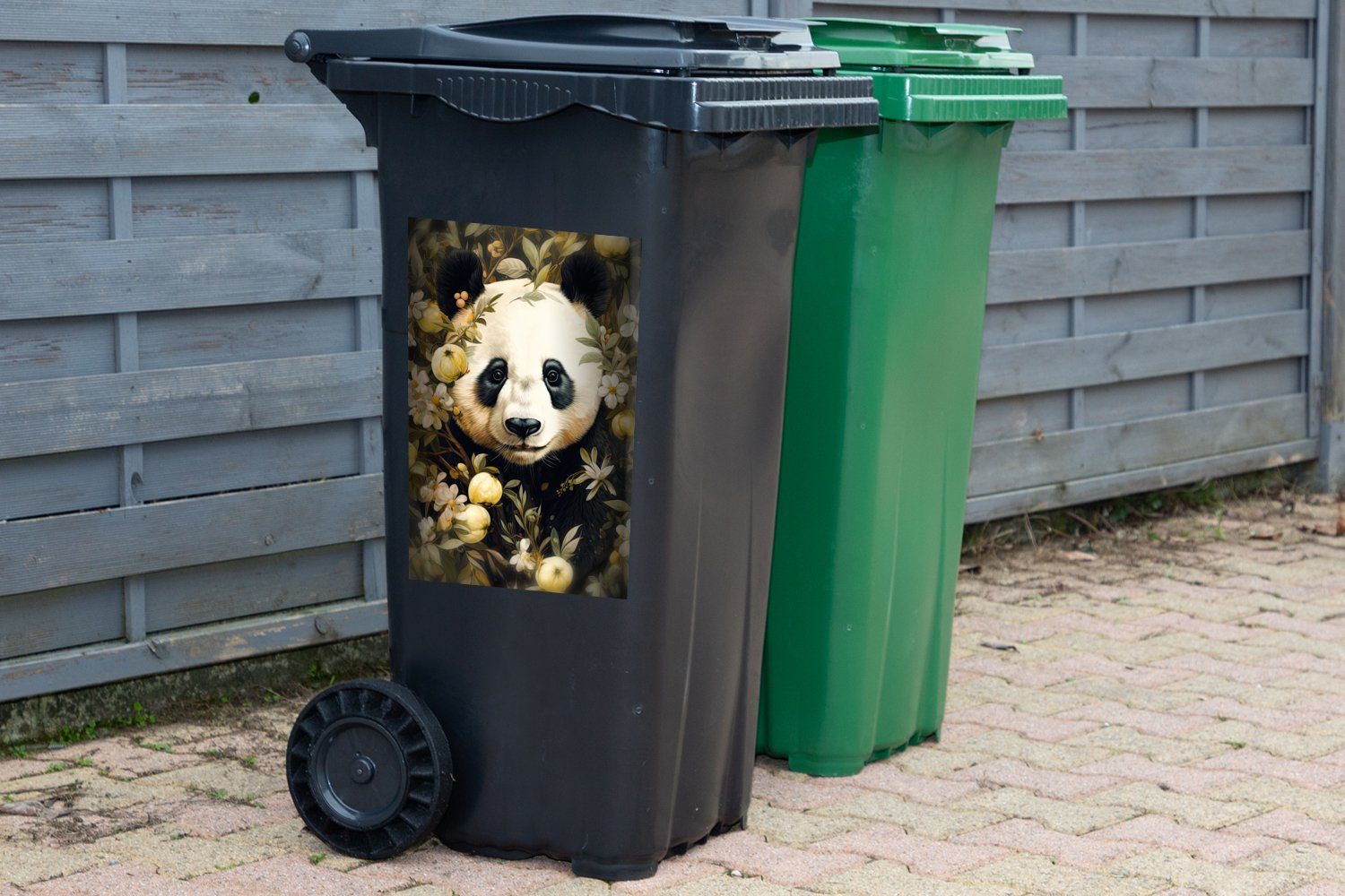 Sticker, Pandabär Container, Wildtiere - St), MuchoWow Wandsticker (1 - Panda Mülltonne, Mülleimer-aufkleber, Blumen - Abfalbehälter