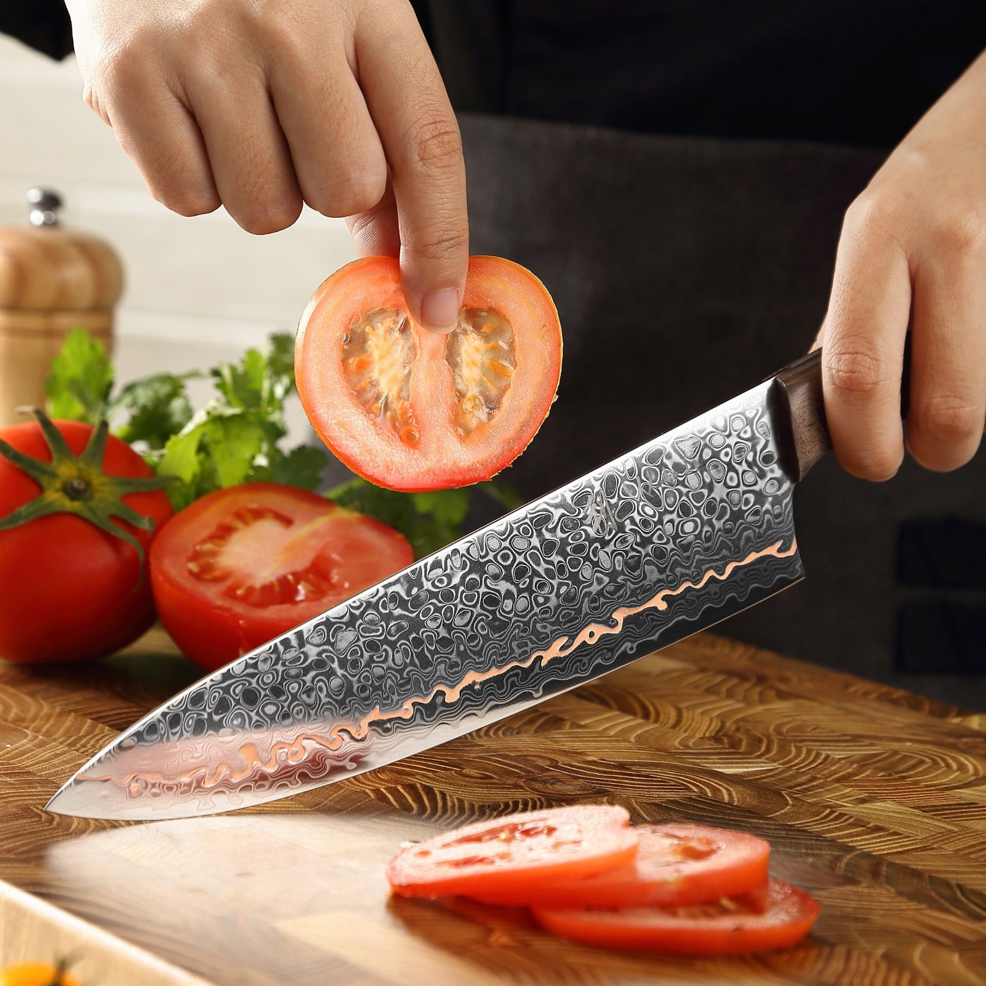 Wakoli Damastmesser Kawa Damast Chefmesser Küchenmesser Kochmesser 20 cm Klinge mit Kupfer, Damaststahl, Kupfereinlage, VG10